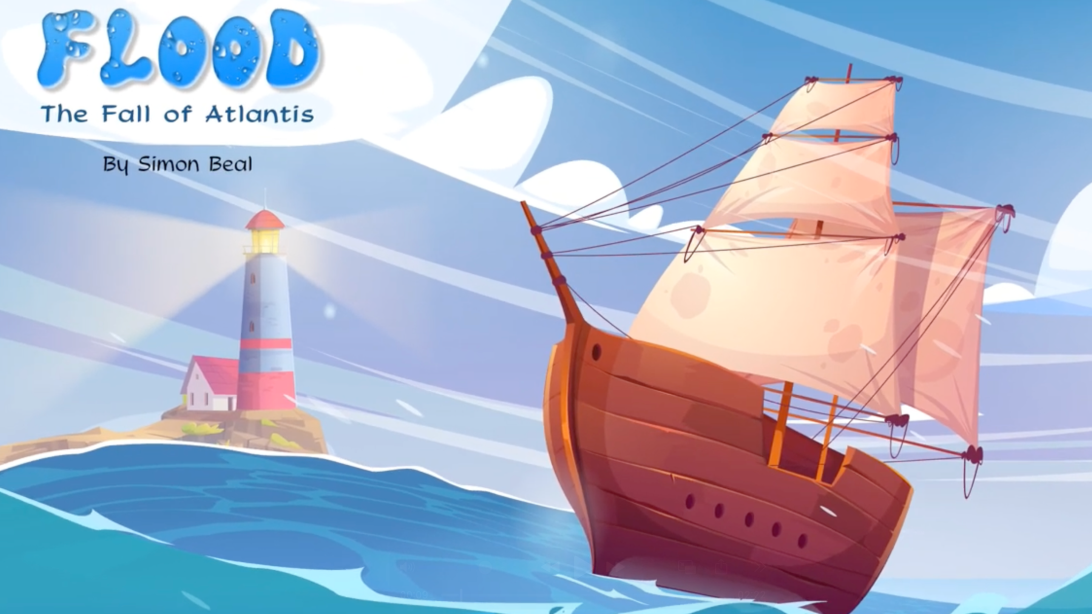 A ship with pink sails sailing in the ocean near a lighthouse on a rocky island, with a cartoonish style and a partly cloudy sky.