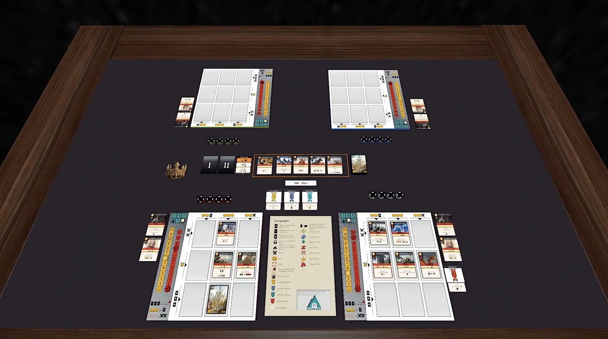 Virtual tabletop game setup with two player boards, cards, tokens, and game pieces on a dark surface surrounded by a wooden frame.