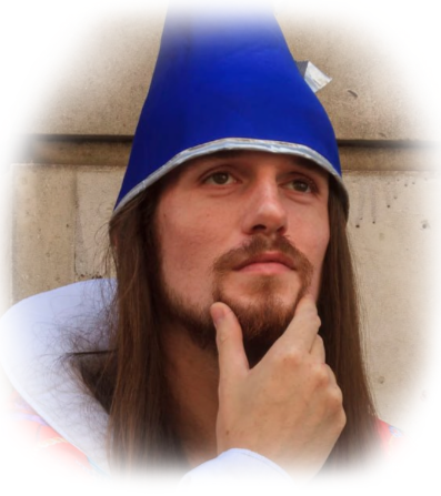 Person wearing a blue pointy hat, resting their chin on their hand, with a thoughtful expression.