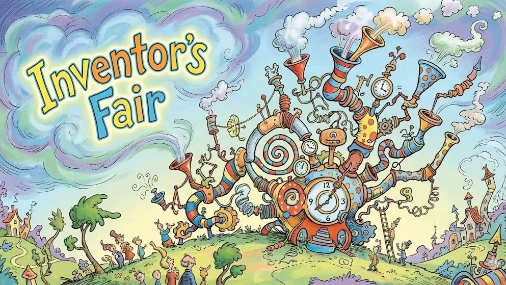 Colorful illustration of a whimsical, mechanical tree with various pipes, gauges, and clock parts at the Inventor's Fair.