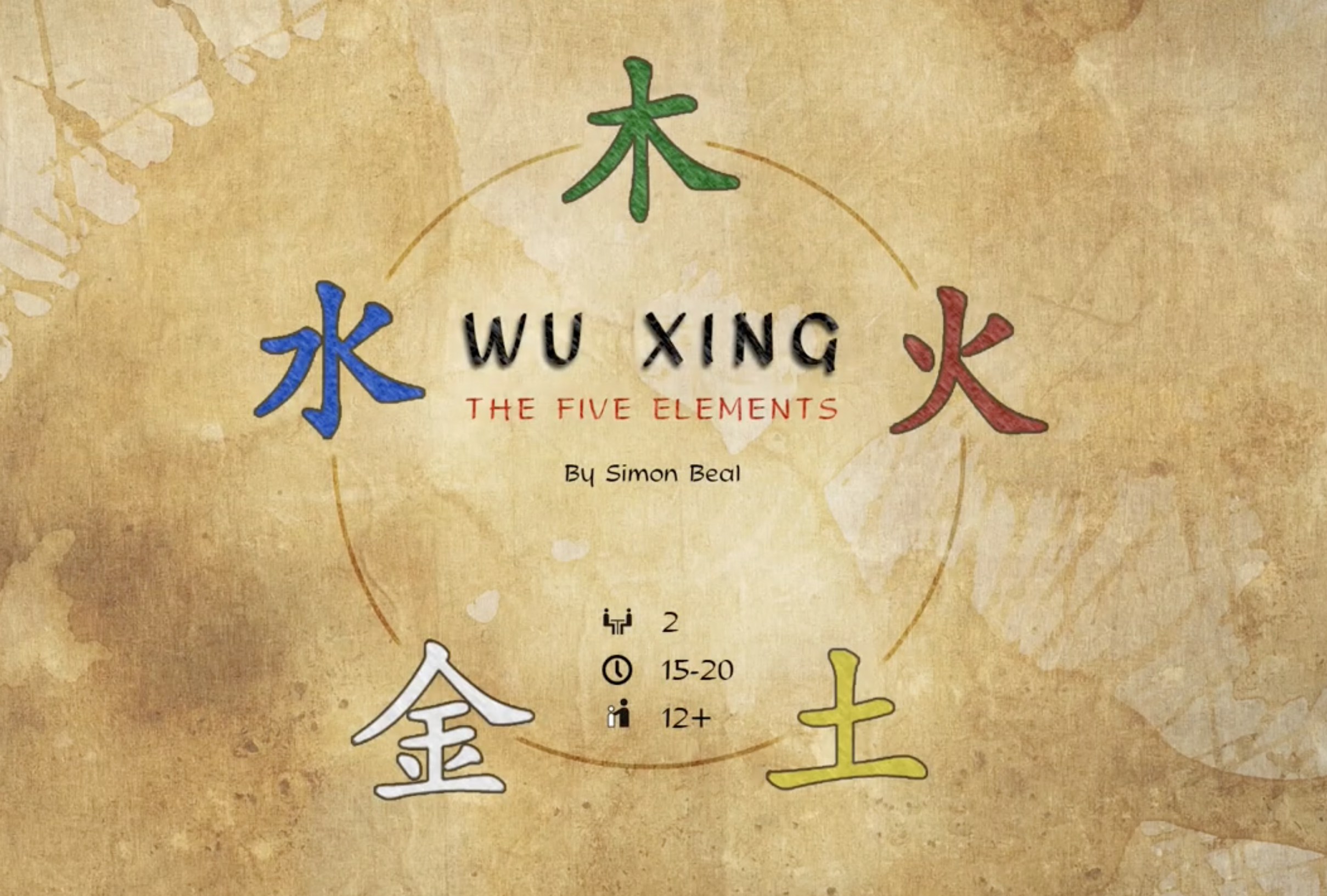 The cover of a game named 'Wu Xing: The Five Elements' by Simon Beal, featuring symbols for water (blue), fire (red), wood (green), metal (white), and earth (yellow) arranged in a circular pattern on a textured, parchment-like background.