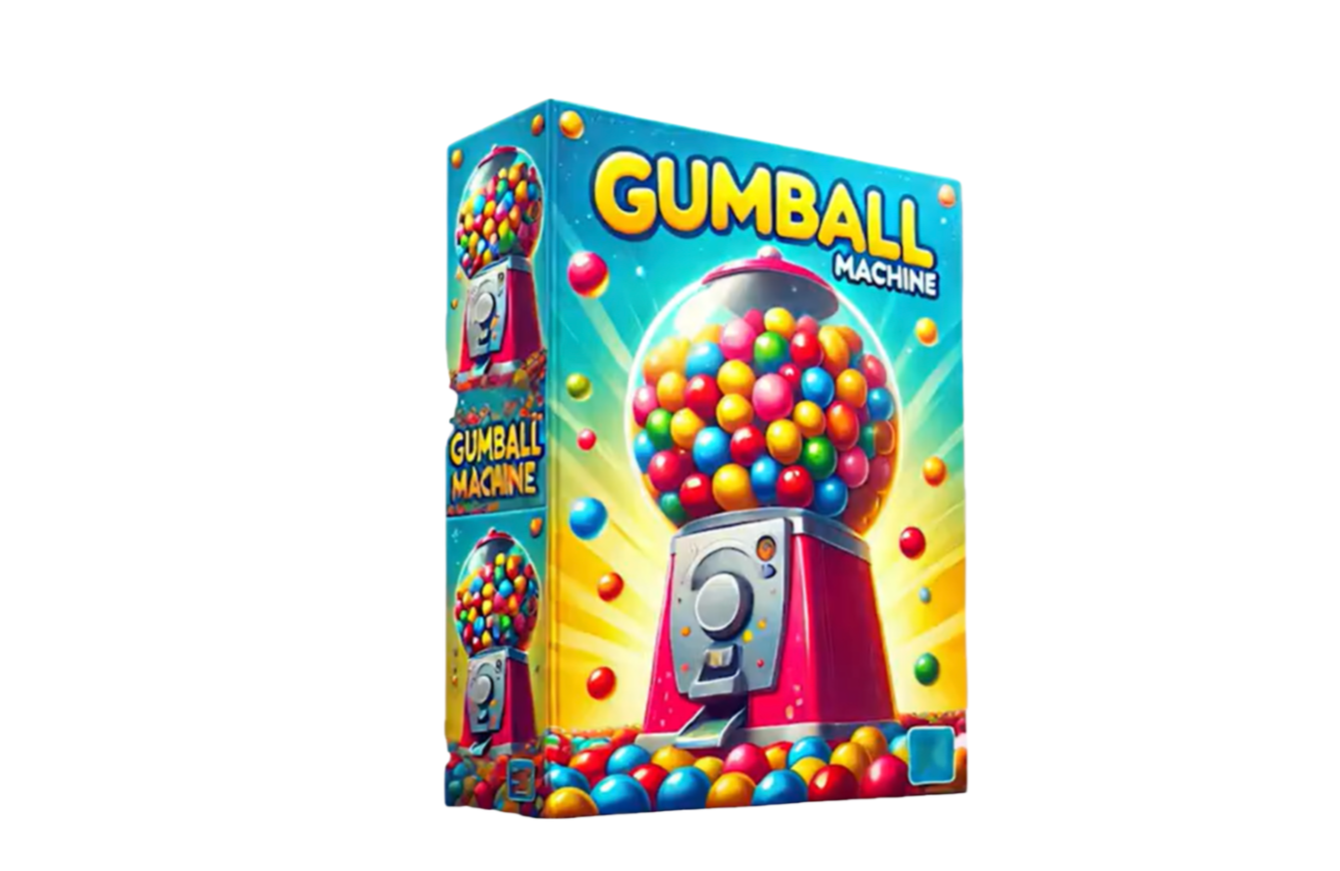 Colorful gumball machine toy with a clear globe filled with multicolored gumballs, set against a bright, dynamic background.