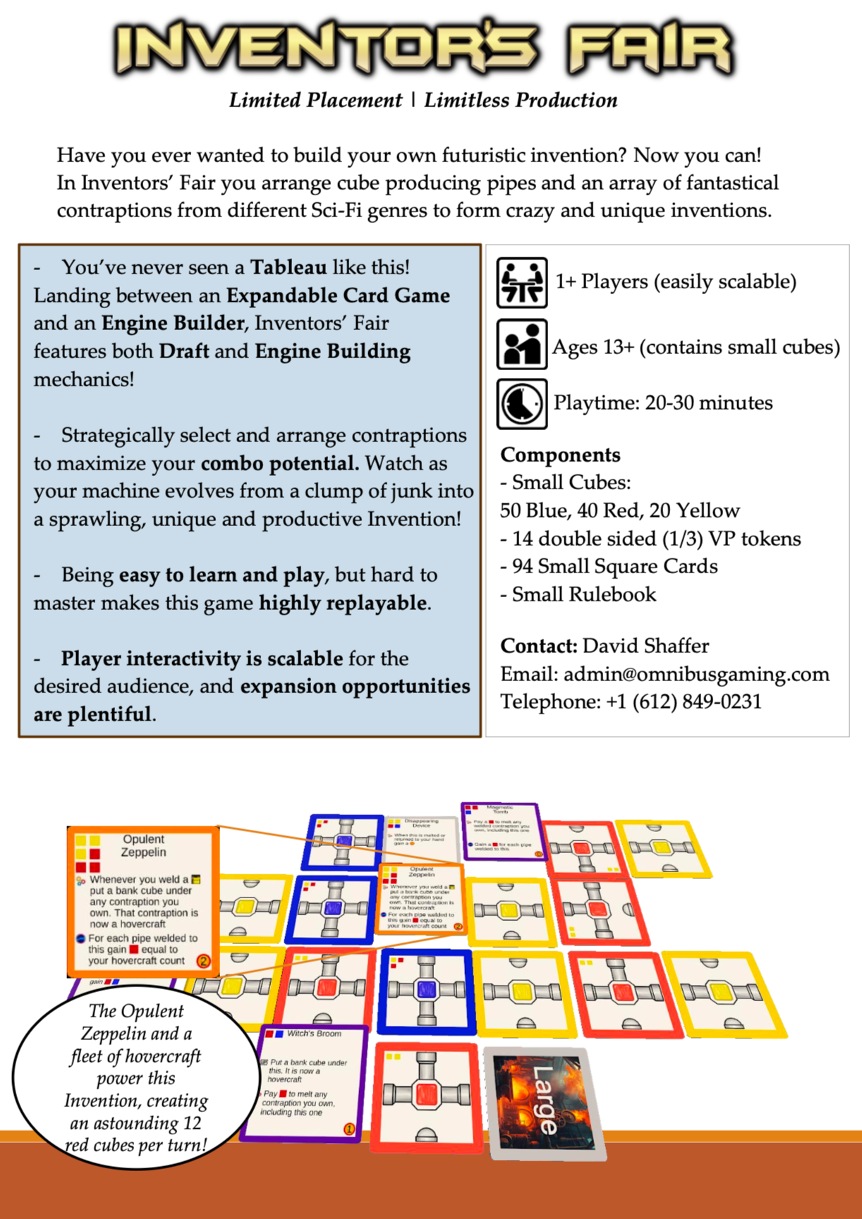 Promotional flyer for Inventor’s Fair showcasing a tabletop game with colorful cube pieces, cards, and a rulebook, featuring game components and contact information.
