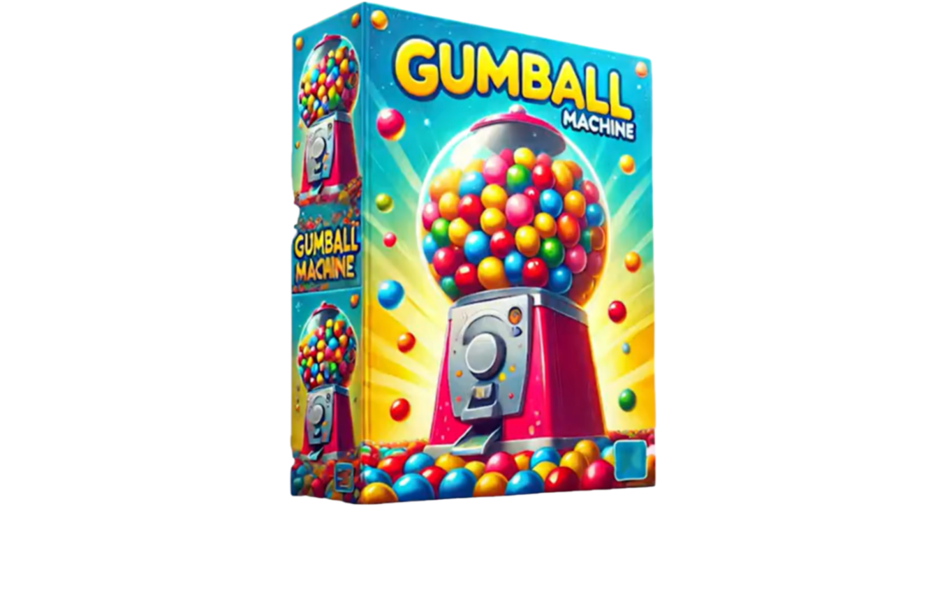 Box of a Gumball Machine toy featuring a colorful gumball machine with a globe of multicolored gumballs and a background with bright rays and floating gumballs.