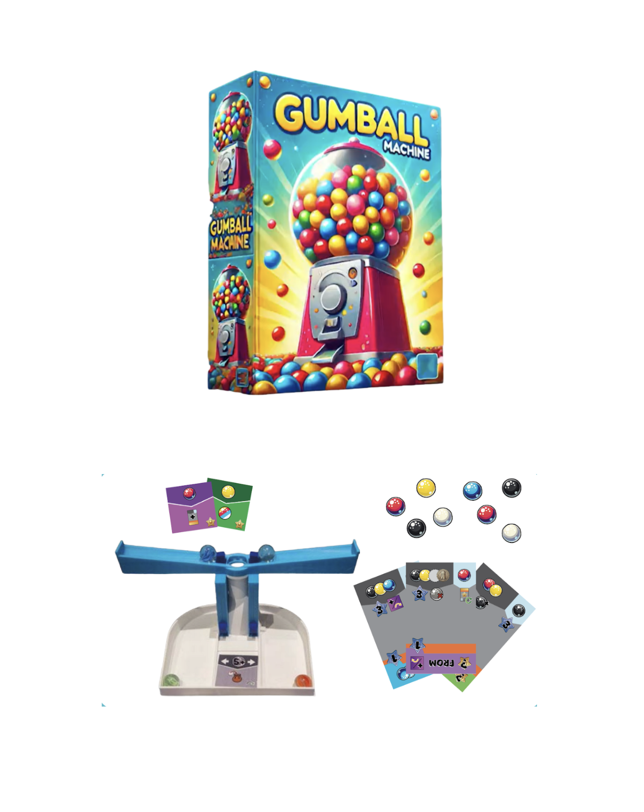 A gumball machine toy with colorful gumballs, along with game pieces and cards for a gumball-themed game.