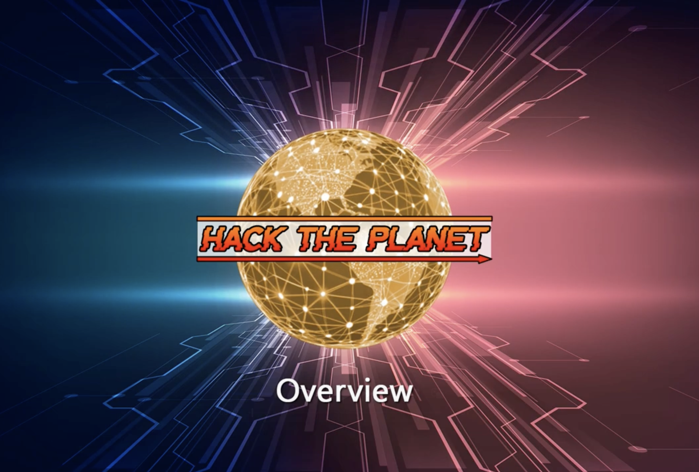Digital illustration of a globe with interconnected lines and points, with a pink and blue futuristic grid background. Text overlay says 'Hack the Planet' in bold red letters, with a smaller word 'Overview' at the bottom.
