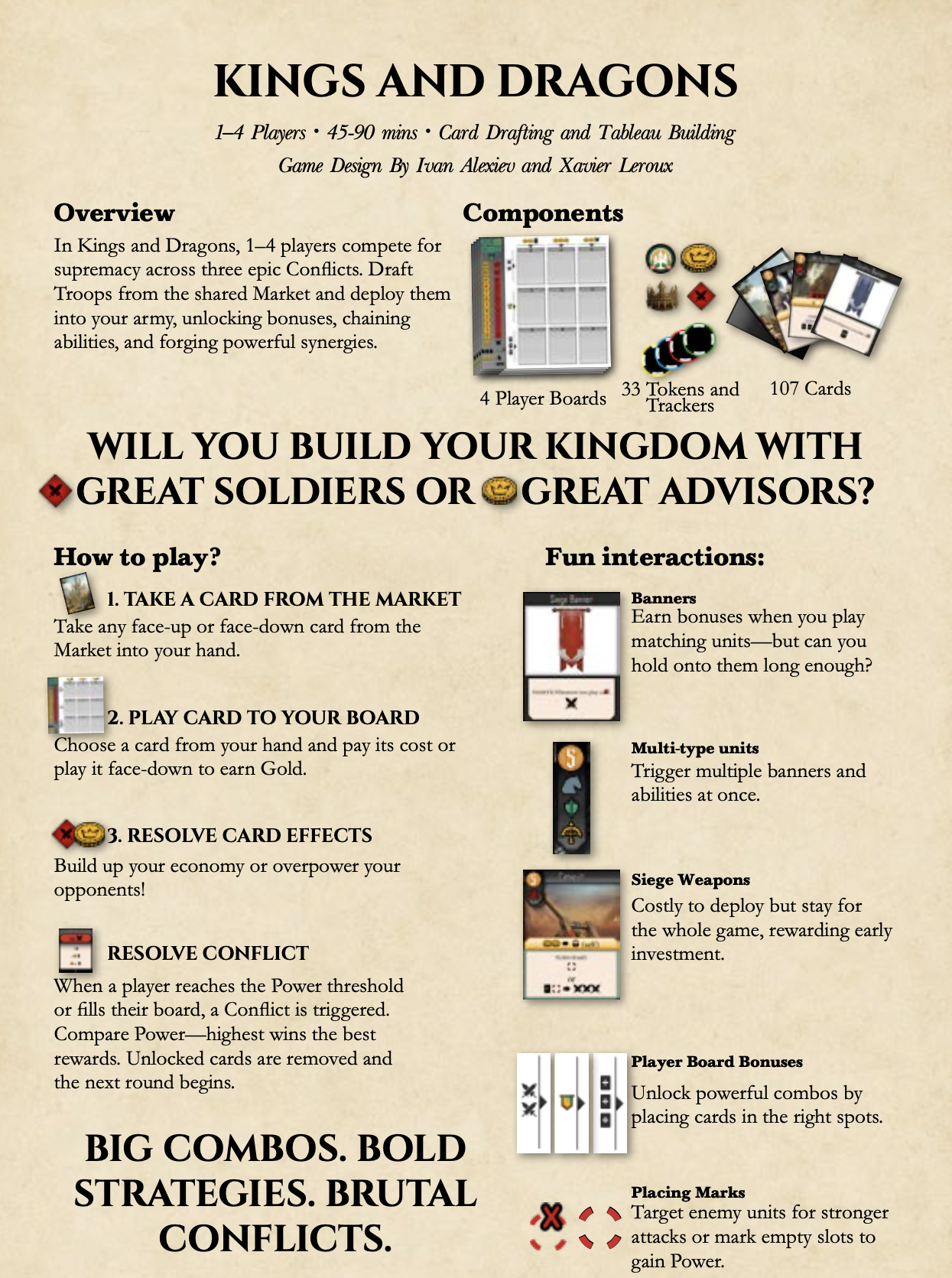 Overview of the board game 'Kings and Dragons' featuring the title, number of players, play time, and game designer. Includes sections on gameplay instructions and game components like player boards, tokens, and cards, with examples of gameplay interactions and strategies.