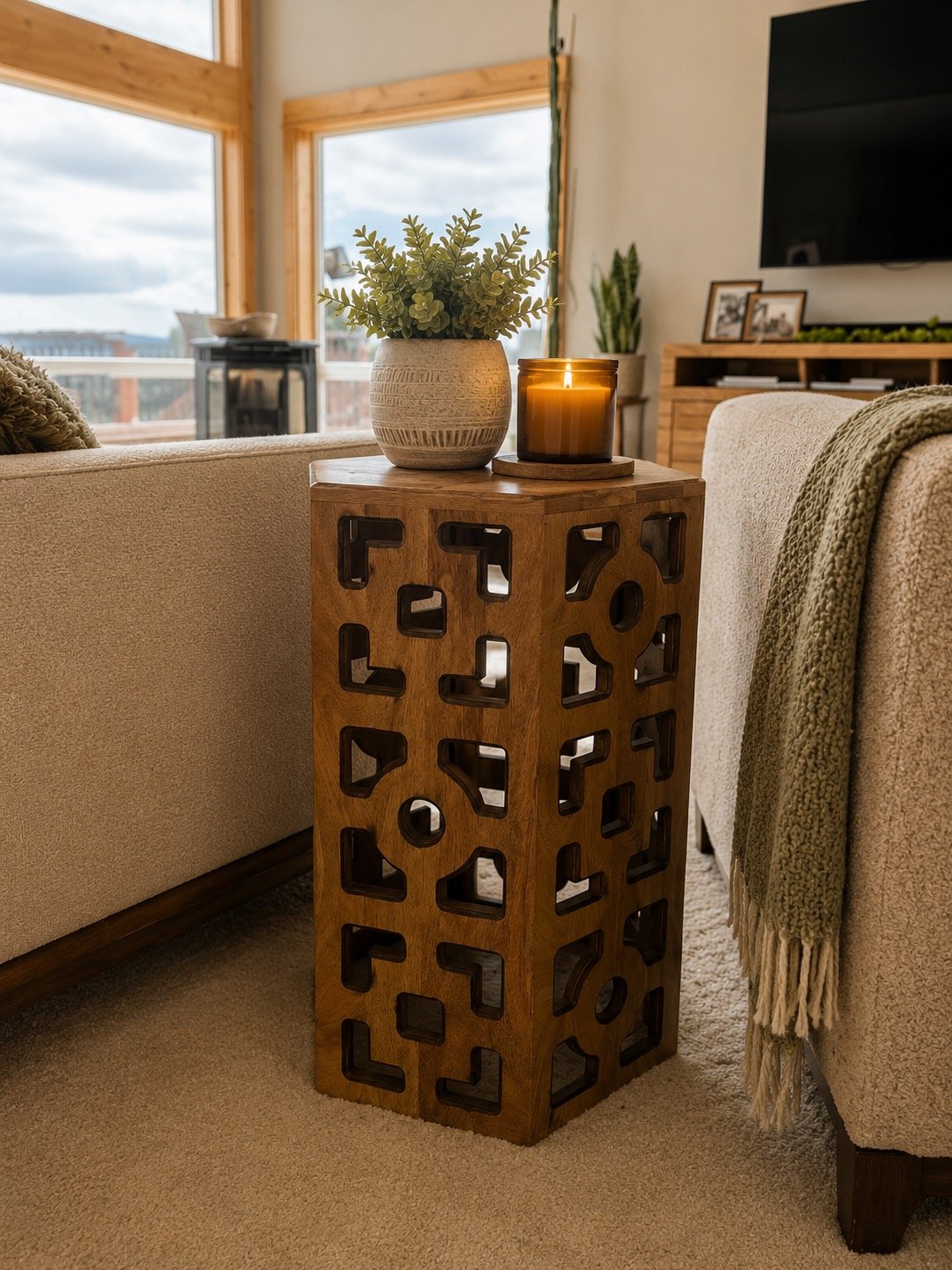 Carved wood accent table (rental only)