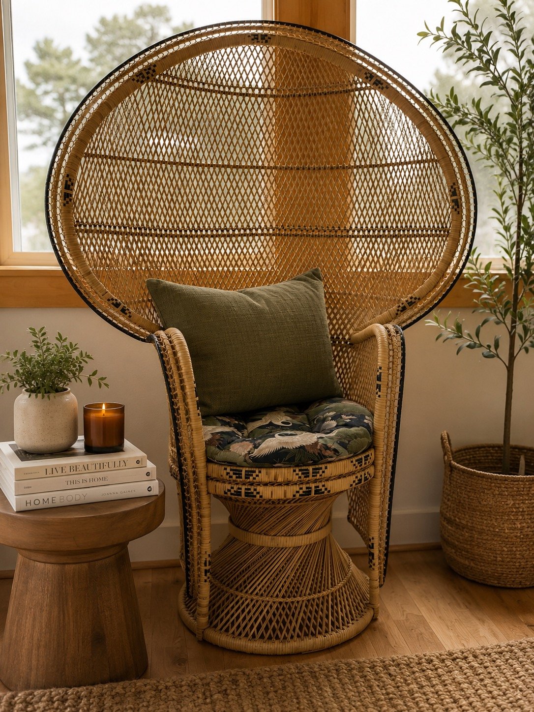 Vintage-inspired peacock wicker chair (rental only)