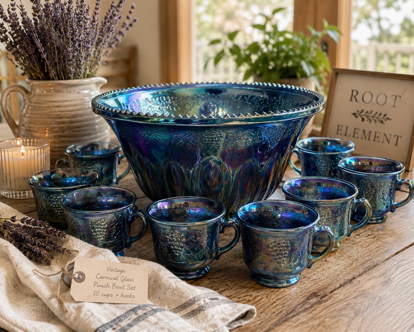Vintage Blue Carnival Glass Punch Bowl Set | 10 Cups + Original Hooks