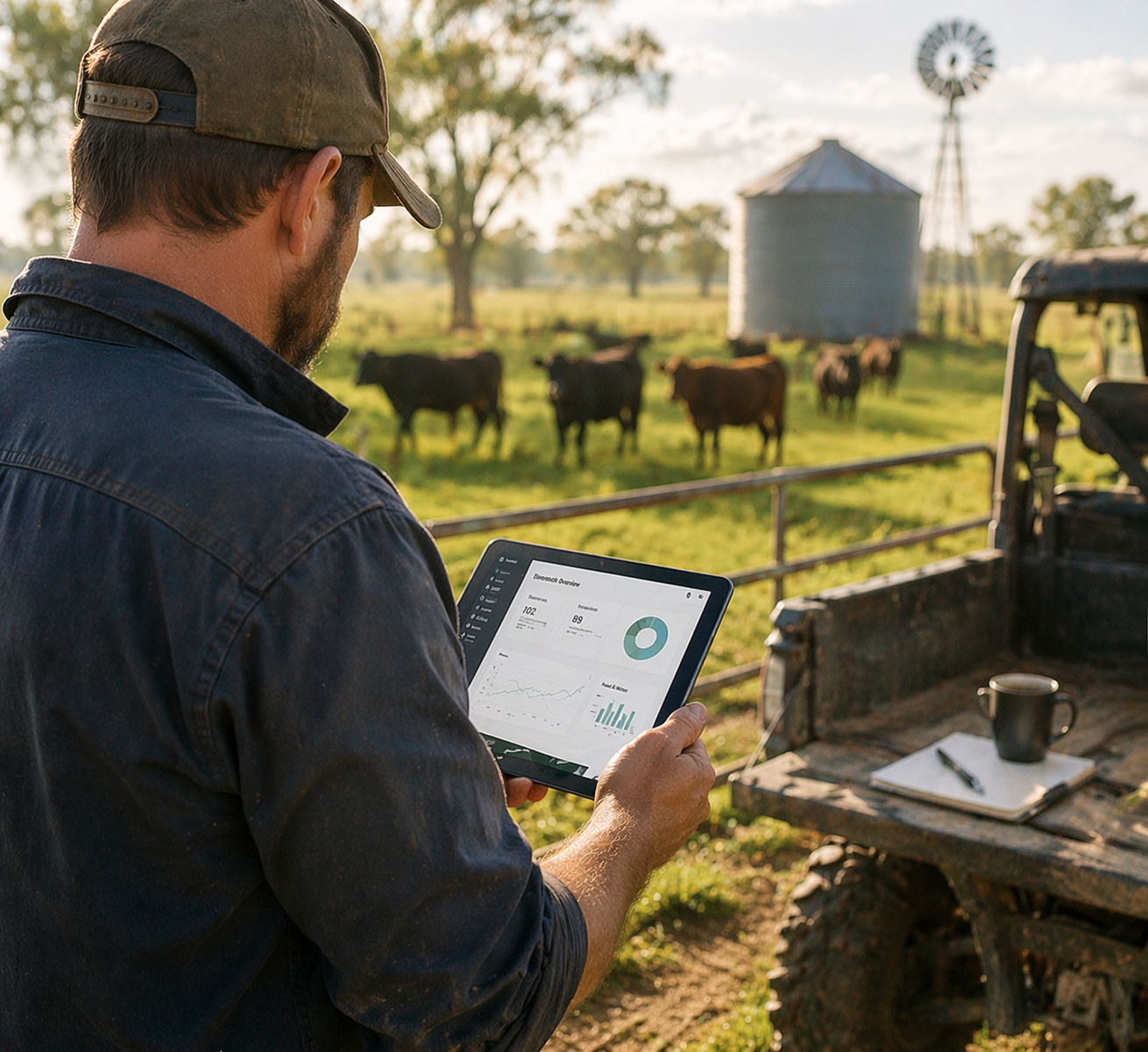 A farmer on a farm holding a tablet with data charts, looking at grazing cows, with a tractor, a water tower, and a windmill in the background.