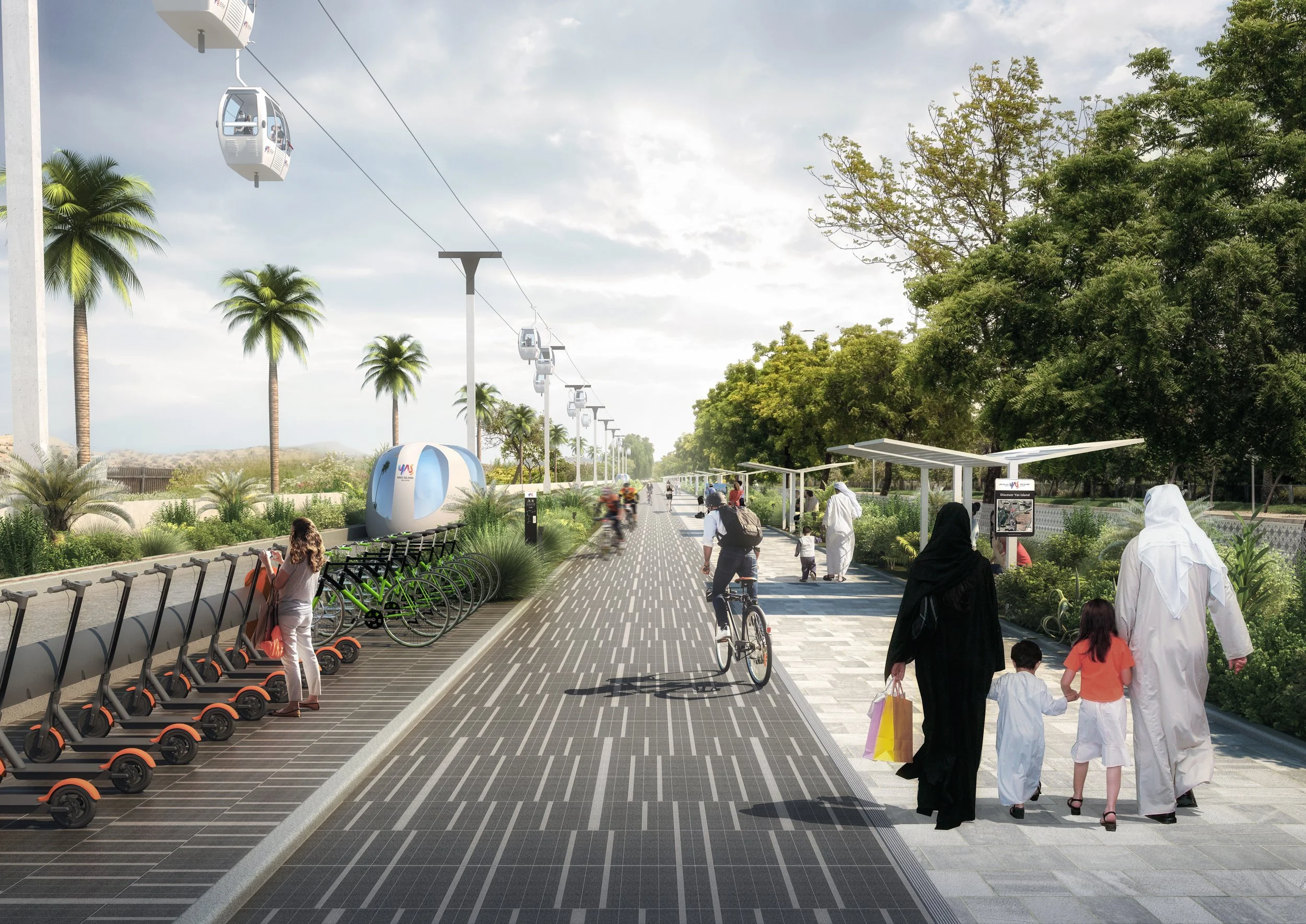Yas Island Placemaking. A modern, sunny outdoor urban park with a wide pedestrian walkway, green trees, palm trees, bikes, and a cable car system overhead. People, including women in traditional clothing and children, enjoy walking and cycling.