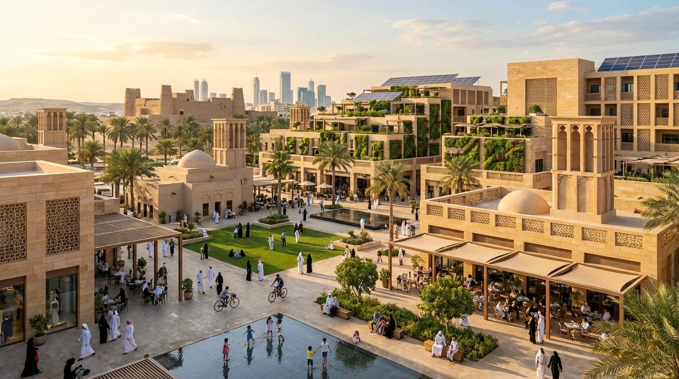 Placemaking Strategy Dubai. A bustling outdoor marketplace with people walking, cycling, and sitting near a mosque and lush greenery, with modern skyscrapers in the background under a blue sky.