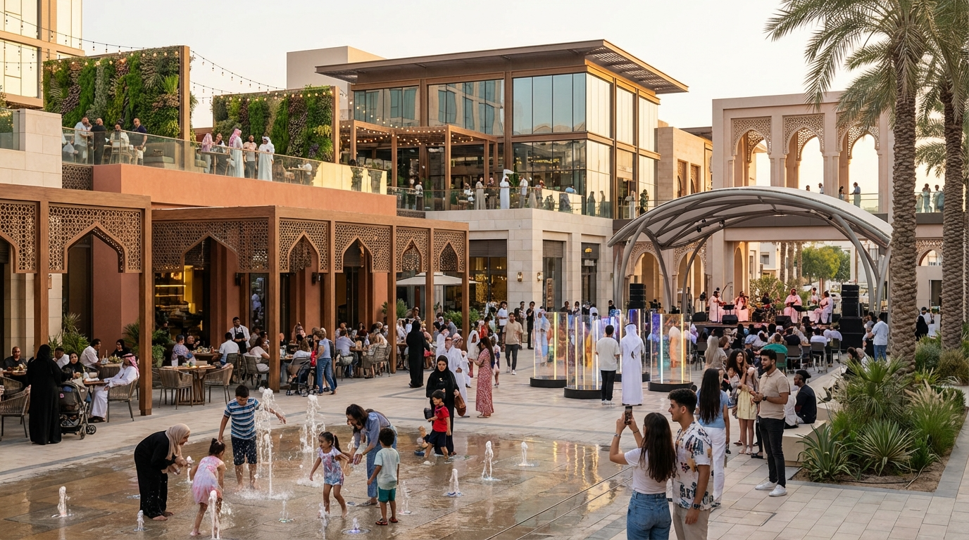 Visitor Experience Strategy Dubai. A Middle Eastern destination is bustling with people as children play with a water fountain and people watch a musical performance.