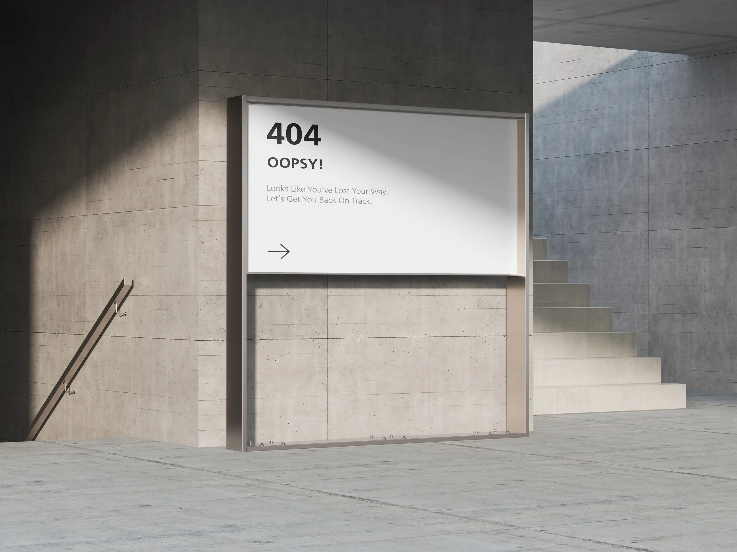 An outdoor concrete stairway beside a gray concrete wall with a large white electronic display board showing a 404 error message: '404 OOPS! Looks Like You've Lost Your Way. Let's Get You Back On Track.' An arrow pointing right is on the board.