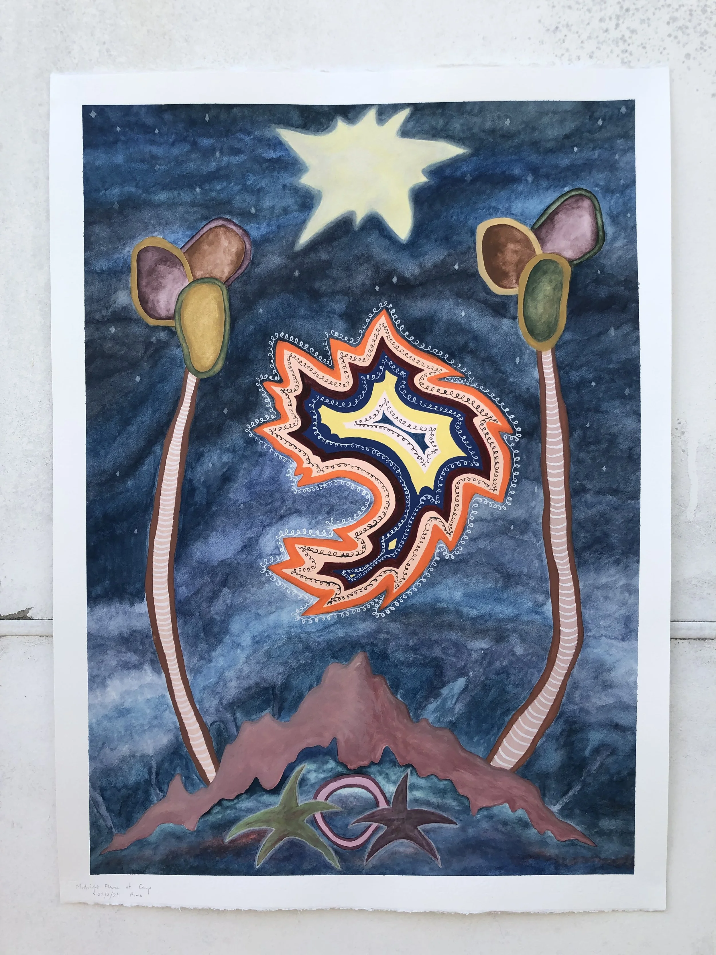 A colorful abstract artwork depicting a cosmic scene with a starry night sky, a bright star, two stylized trees with oval-shaped foliage, a mountain, and a swirling central pattern with vibrant colors.