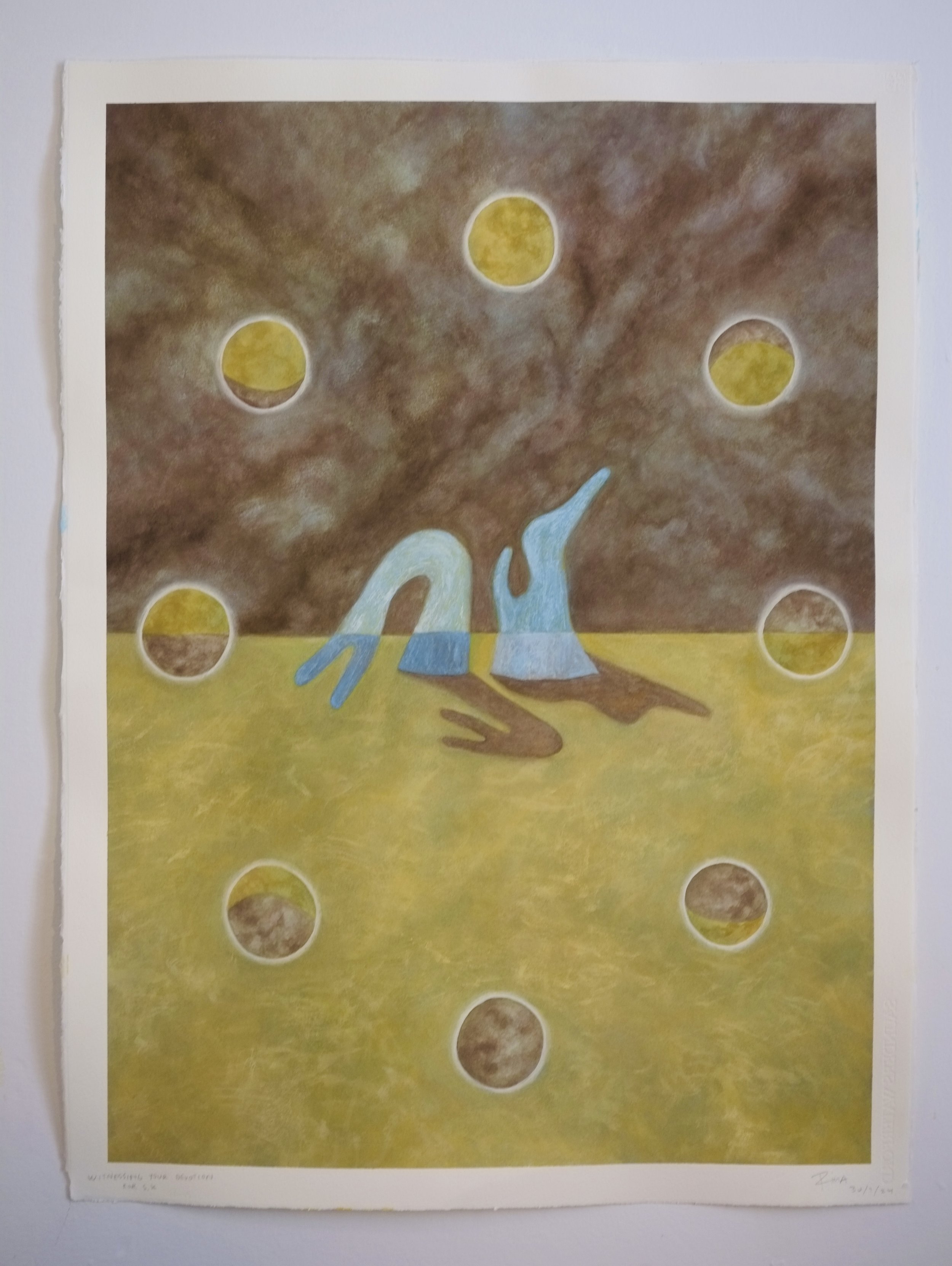 Abstract painting featuring a brown and yellow background with six yellow circles and a central blue and brown shape resembling hands or wings.