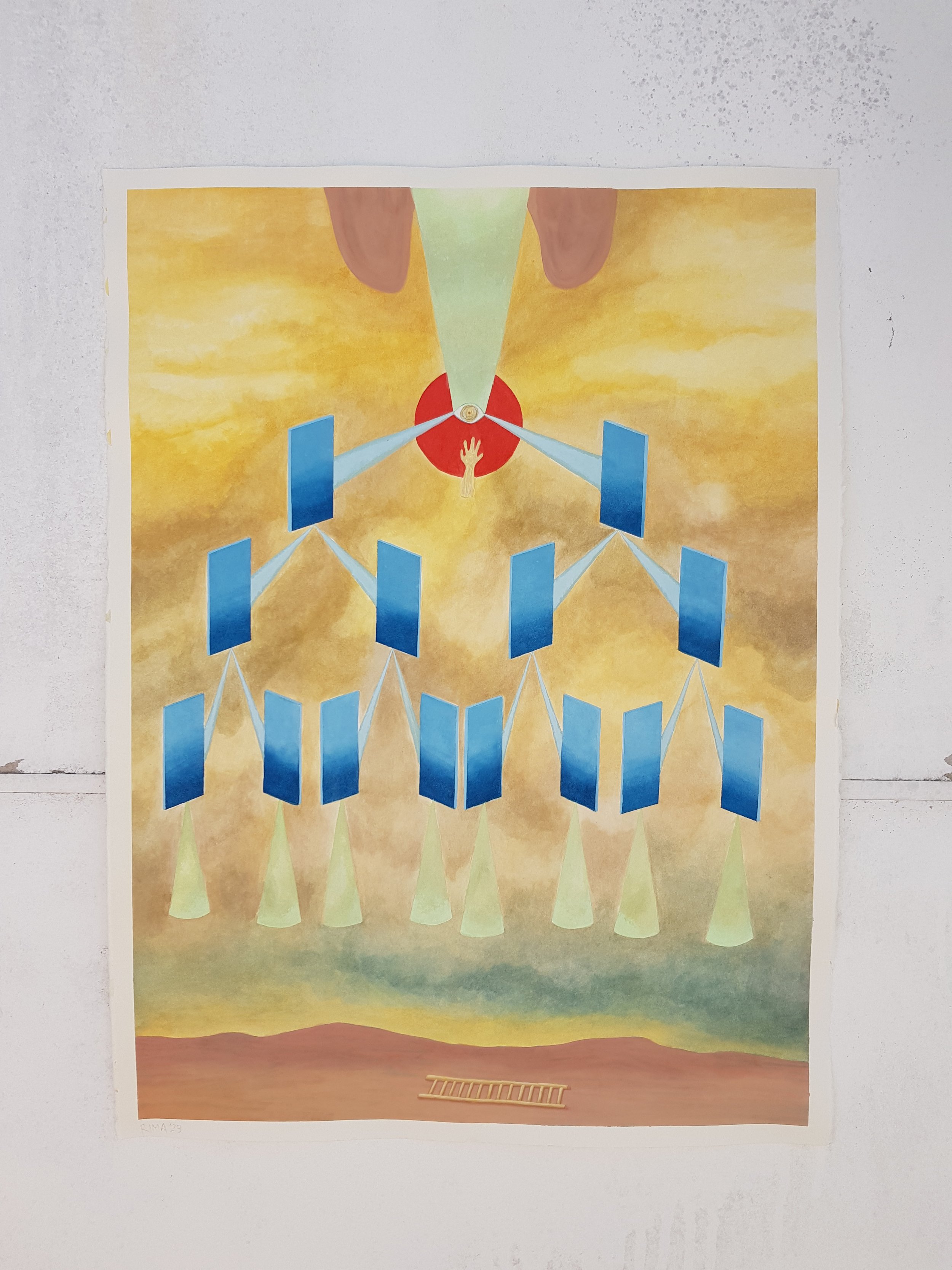 A surreal painting of a tree-like structure with blue rectangular panels hanging from the branches, with a background of a yellow-orange sky and a ladder on the ground.