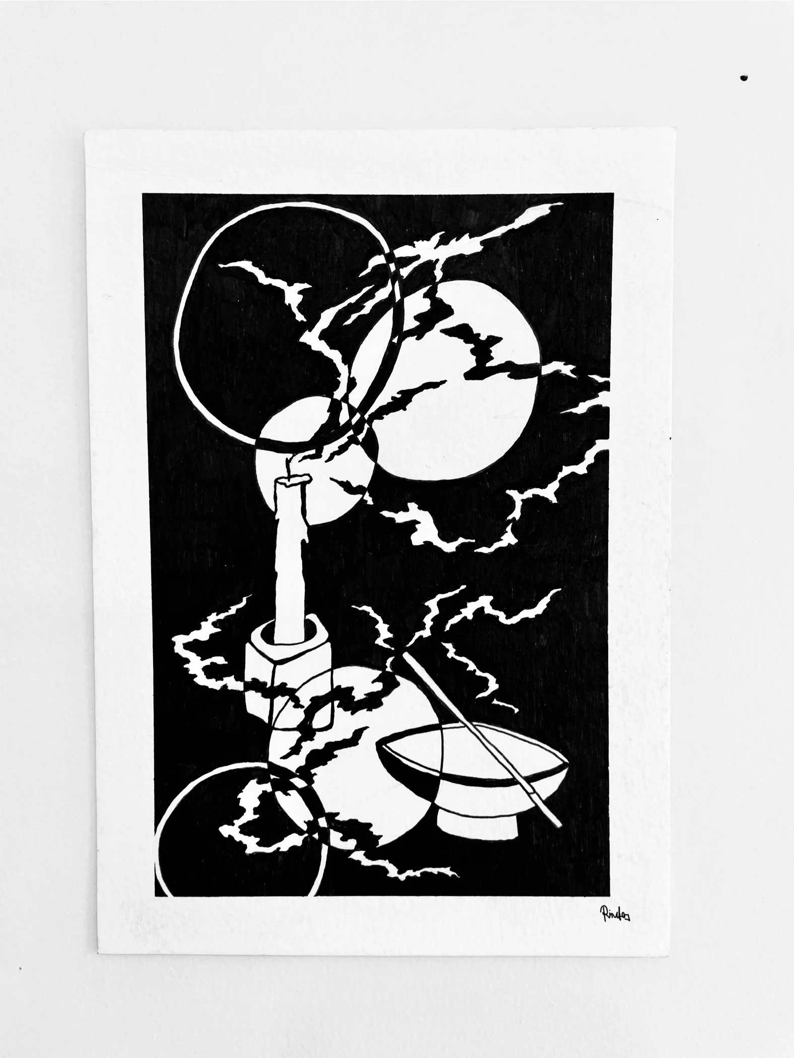 Black and white abstract art featuring a candle, a satellite dish, and circles with lightning bolts and clouds in the background.