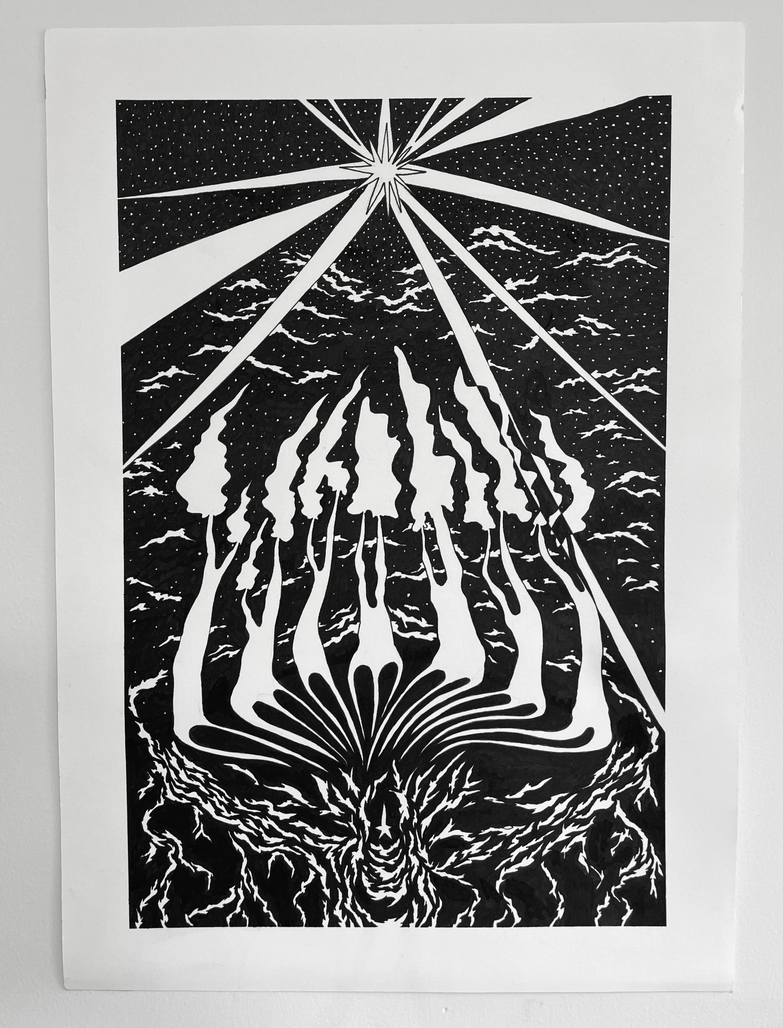 Black and white abstract artistic depiction of a cosmic scene with stars, lightning-like patterns, and flowing shapes that resemble a volcanic eruption or energy source.