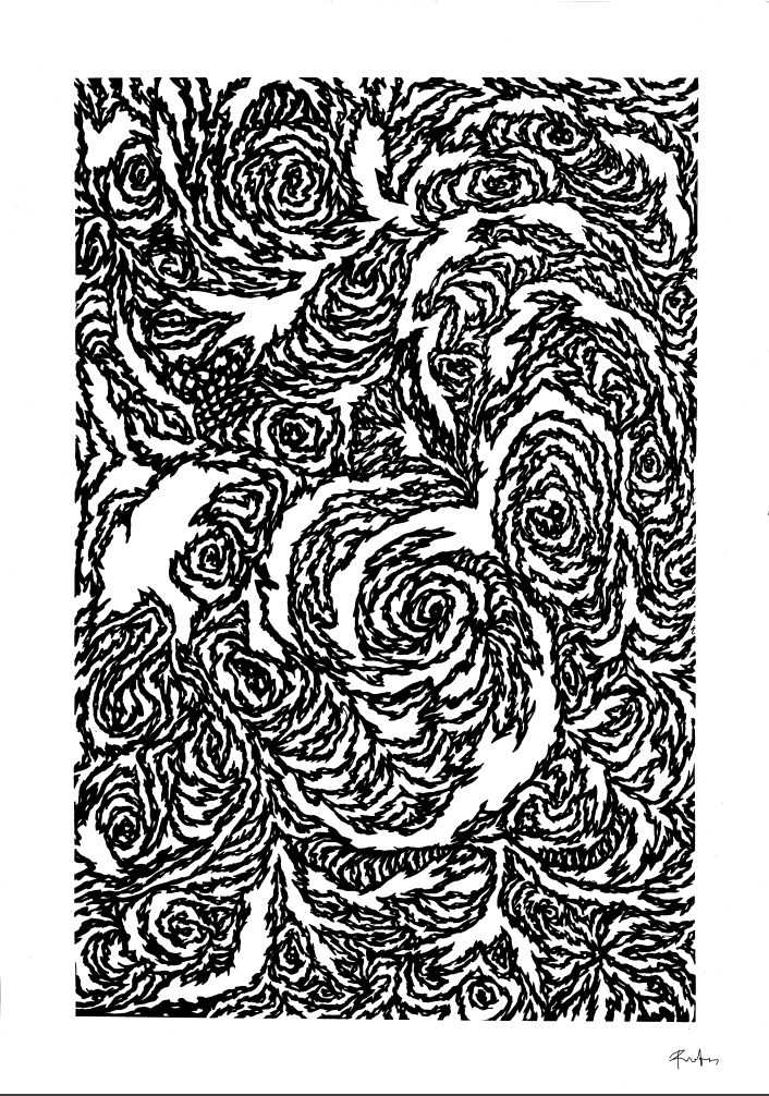 Black and white abstract swirling pattern resembling a textured painting or drawing