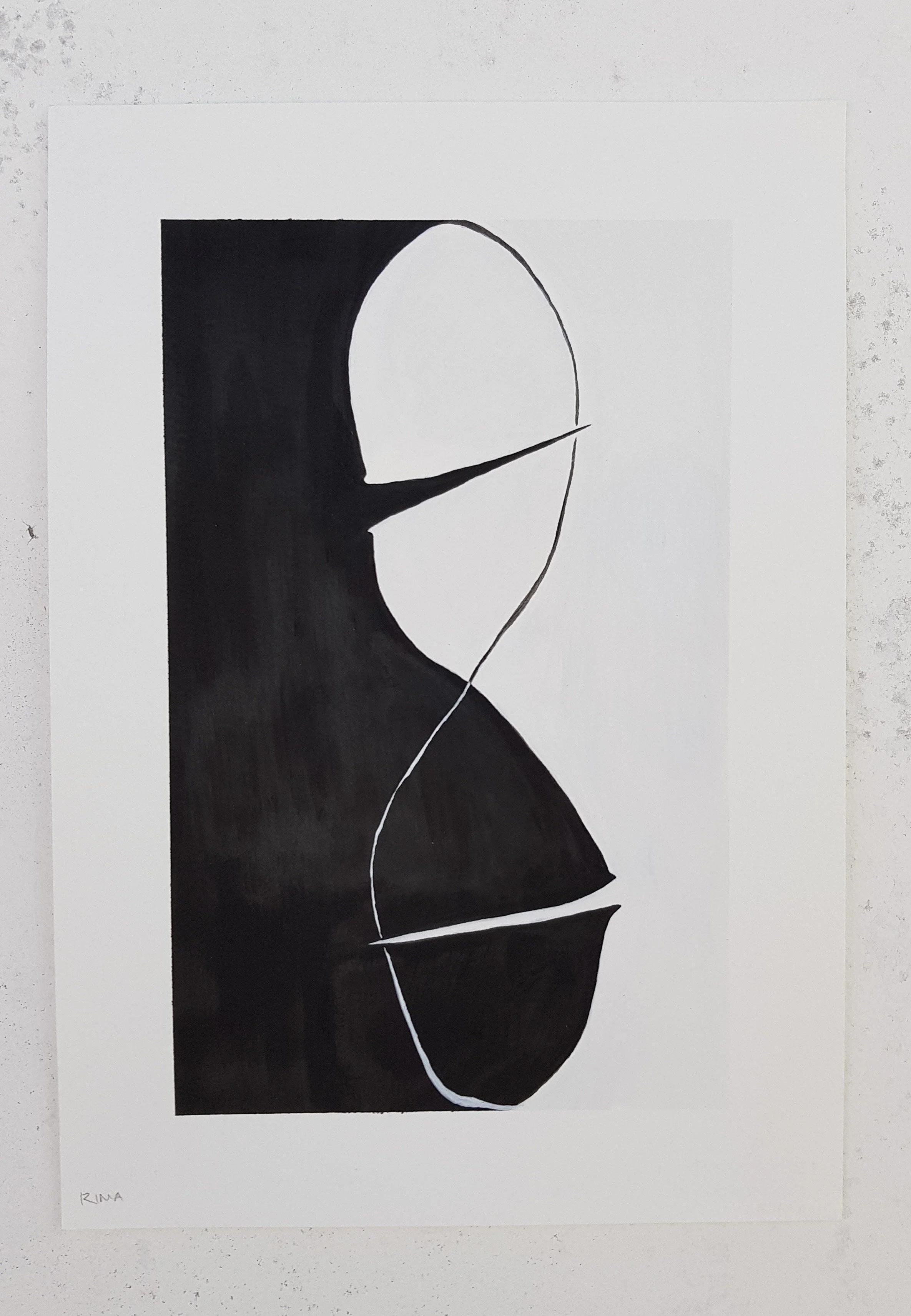 Abstract black and white artwork with curved shapes and lines, signed 'Rina' in the lower left corner.