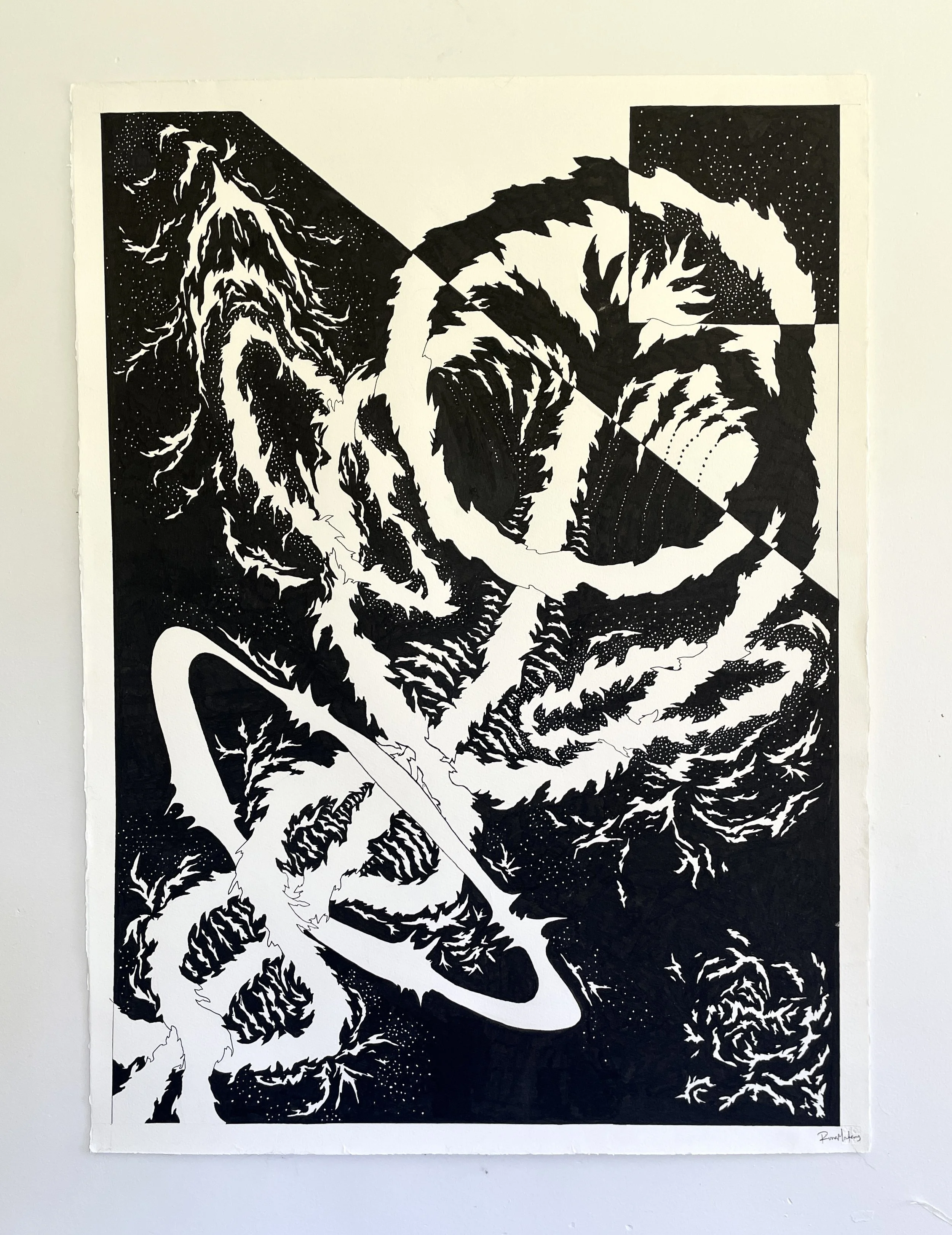 Black and white paper ink of a swirling abstract form in a starry background.