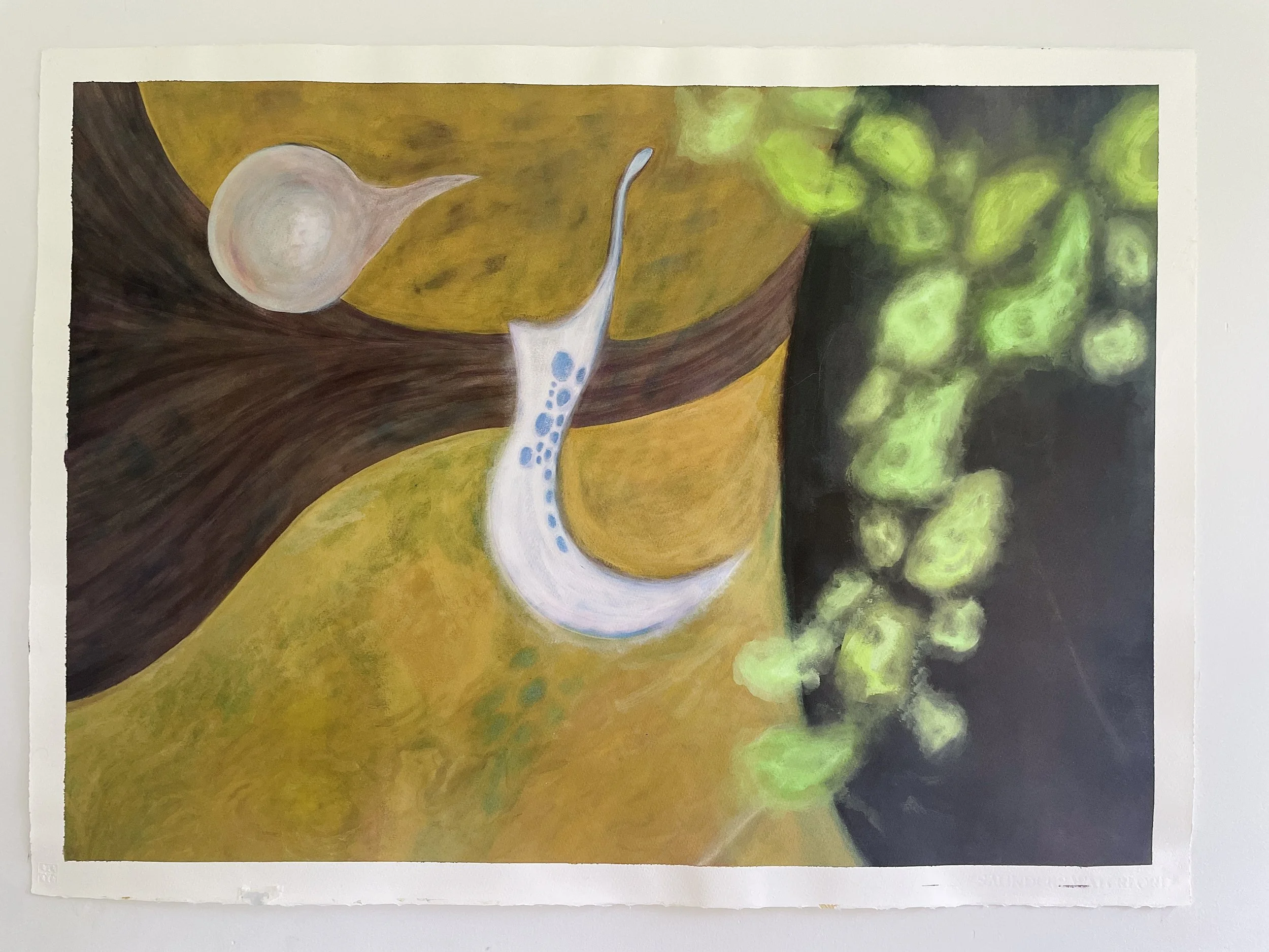 Abstract painting featuring a branch with green, glowing orbs, a white crescent shape with blue dots, and a grey sphere in the top left corner, set against a background of yellow, brown, and black.