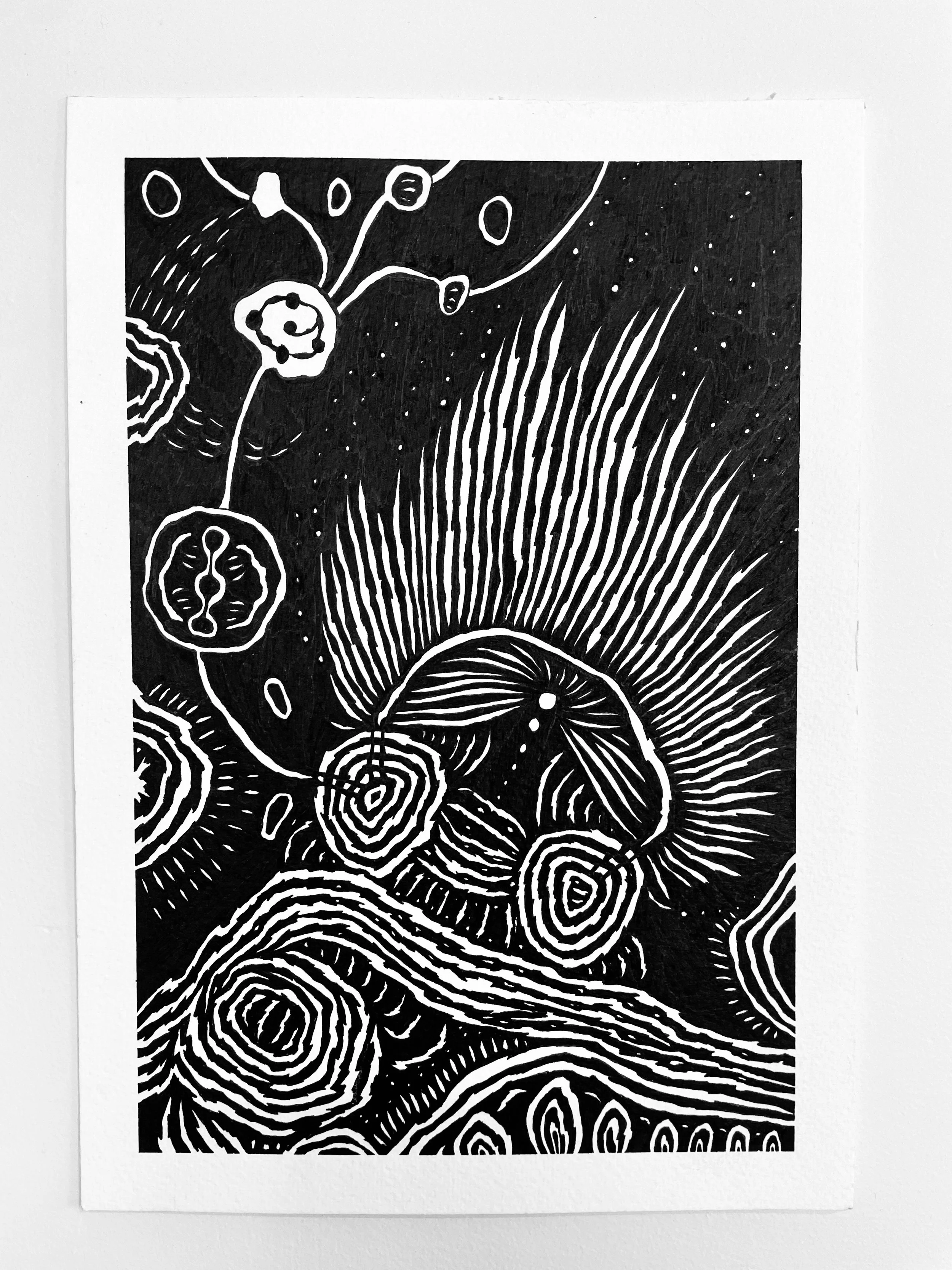 A black and white abstract drawing of a cosmic scene with celestial bodies, light rays, and swirling patterns.
