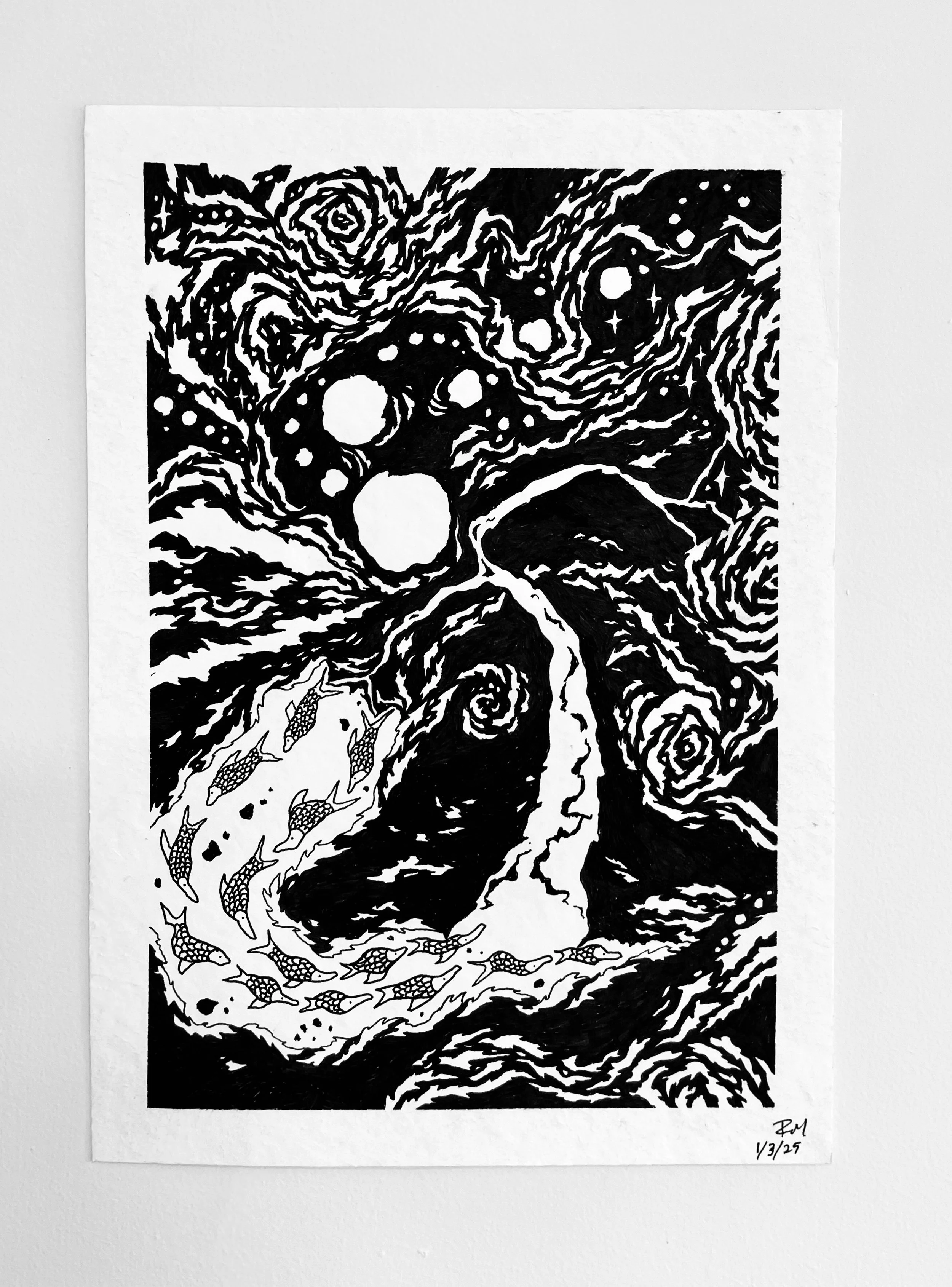 A black and white abstract drawing of a stormy sky with swirling clouds, moons, stars, and a flying fish near the bottom left.