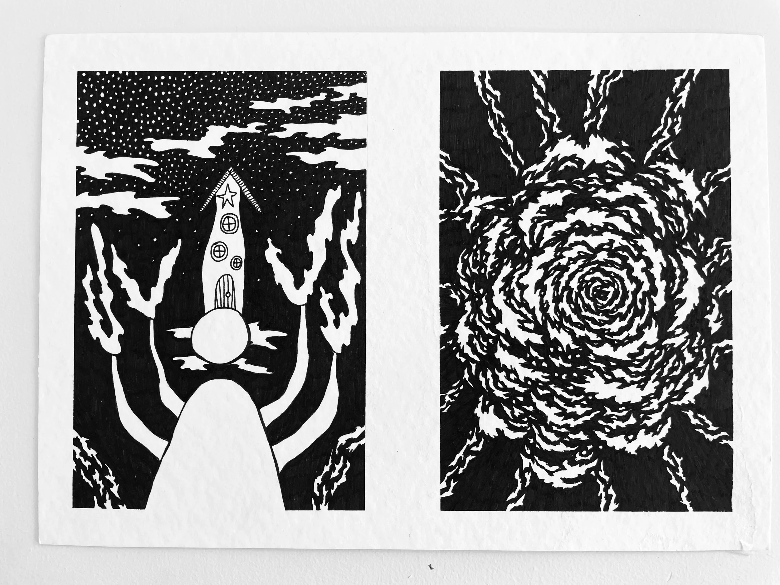 Black and white artwork featuring on the left a stylized rocket ship with a star at the top and circular windows, on a moon or planet surface with clouds and stars in the sky. On the right, a swirling, vortex-like abstract pattern.