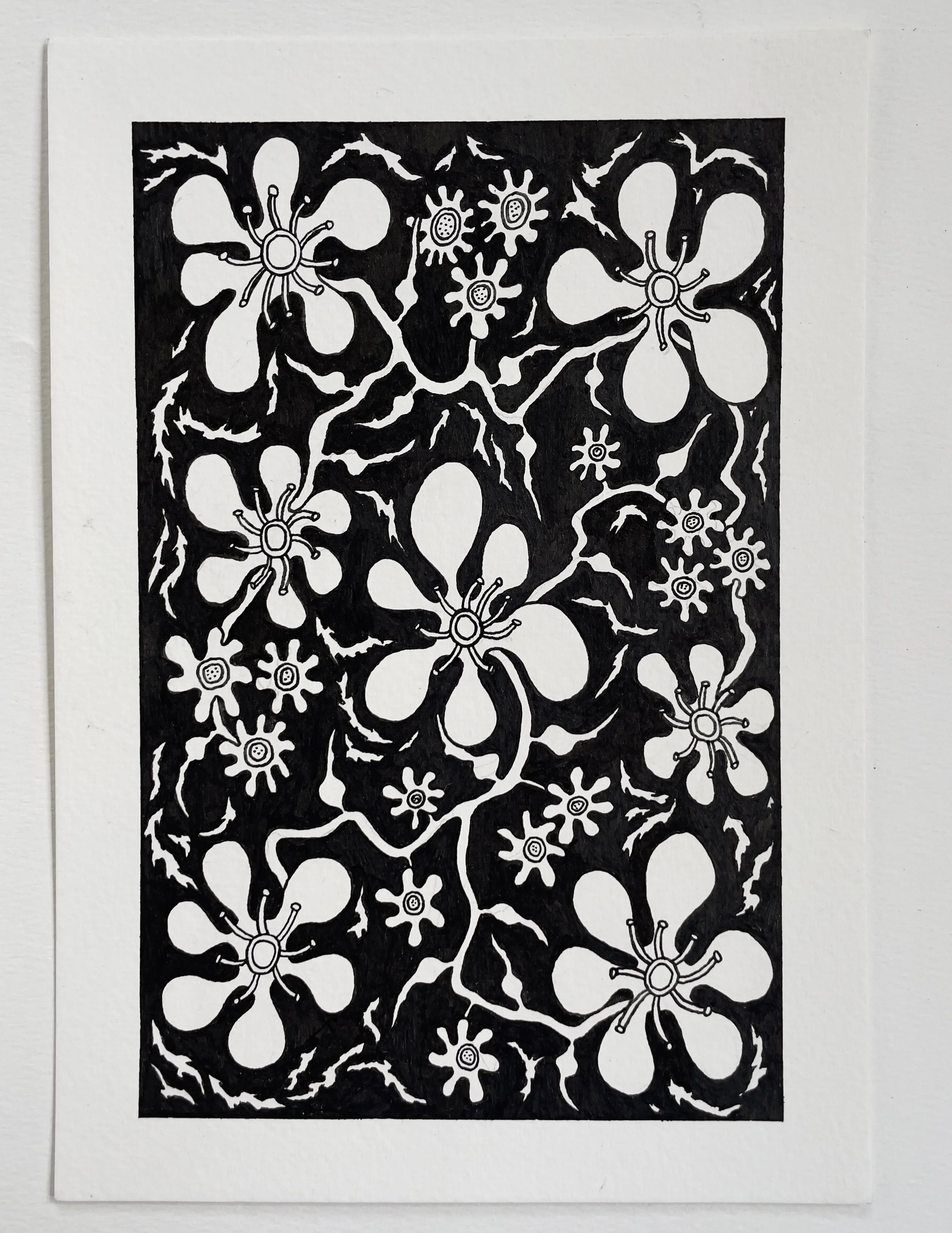 Black and white abstract floral design with large and small flowers, and intricate lines connecting them.