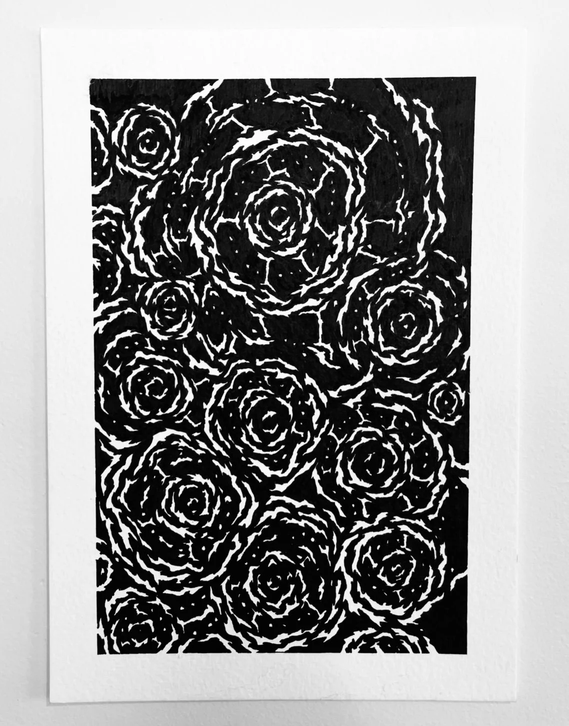 Black and white abstract pattern resembling a series of concentric rings or roses.
