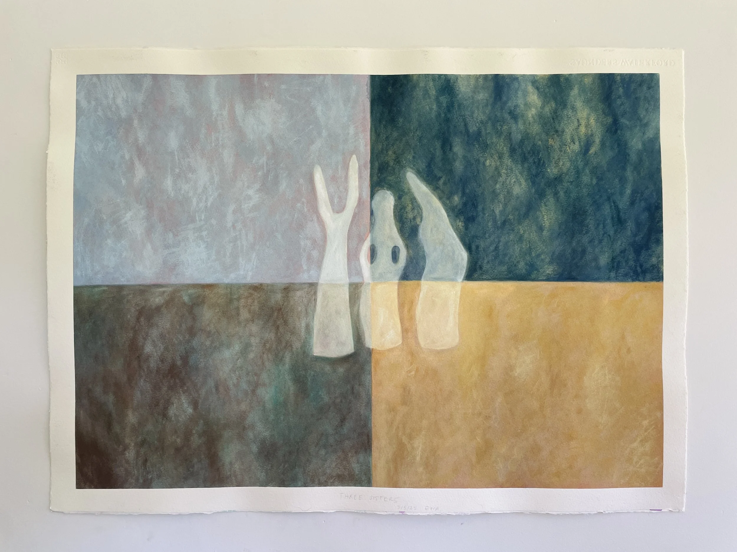 Abstract painting titled "Three Sisters" with three ghostly figures in different colors and backgrounds.