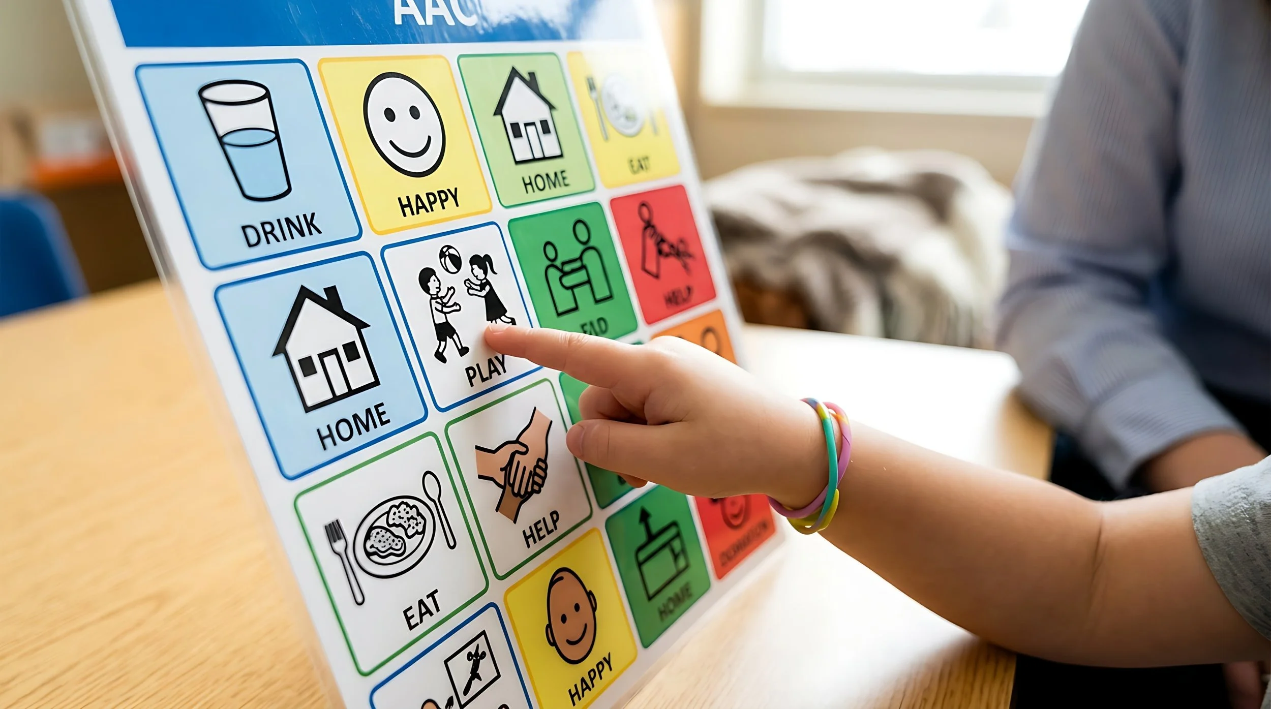 A child points at a colorful communication board with pictures and words such as drink, happy, home, eat, play, help, and happy, inside a room with a wooden table and a window in the background to understand the child.