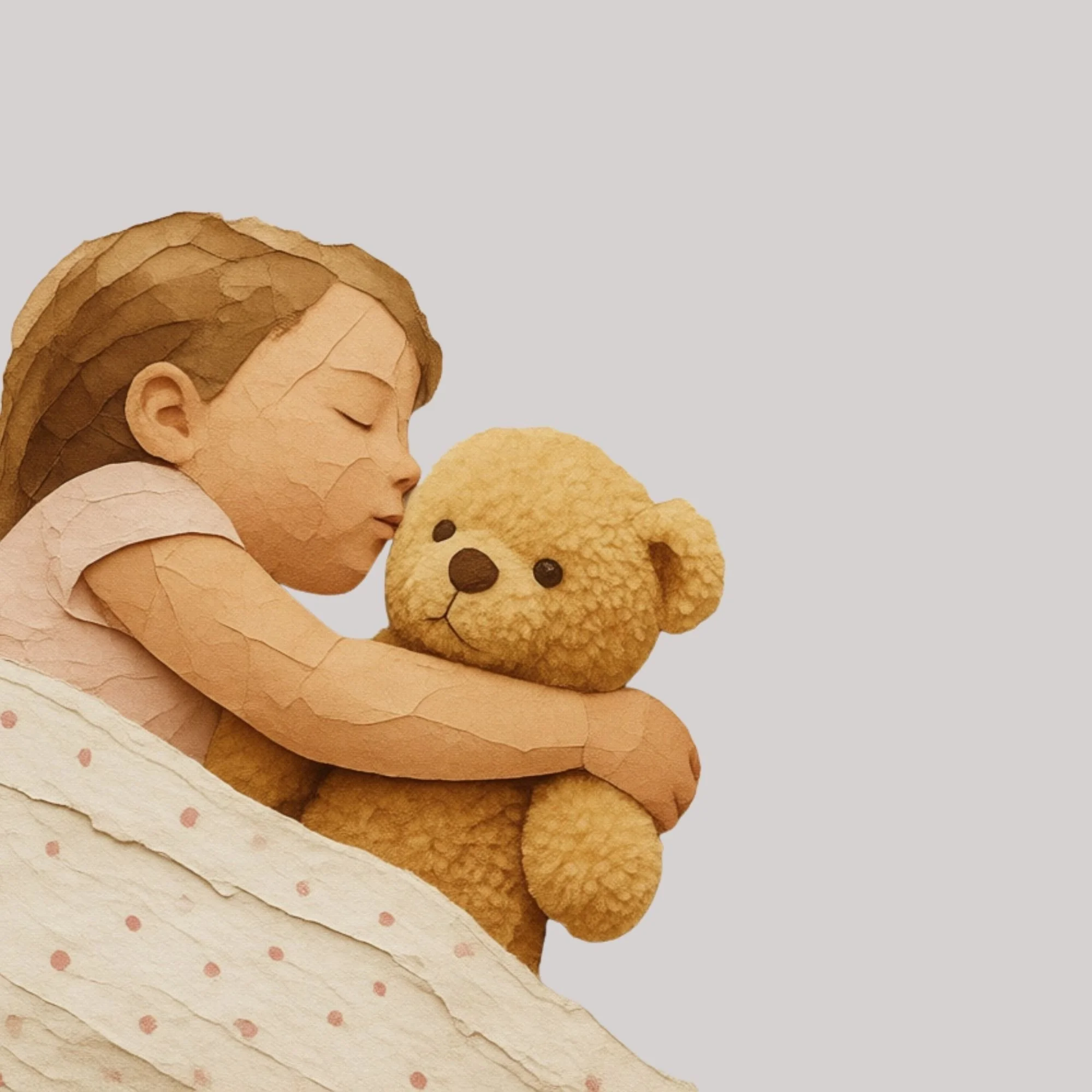 Close-up of a clay sculpture of a woman holding a teddy bear, with layered textured hair and closed eyes, on white polka dot paper.