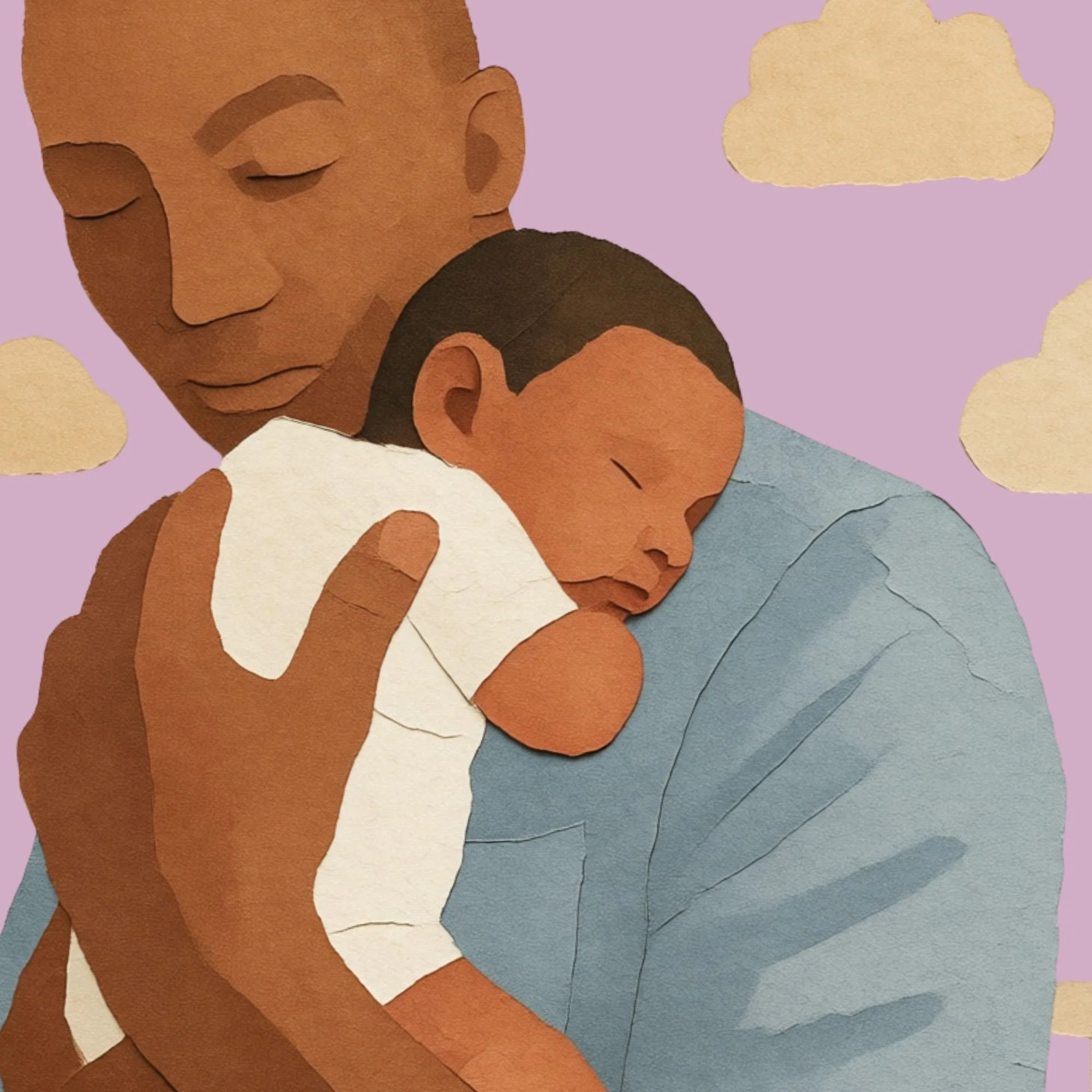 ssIllustration of an adult holding a special needs child close, both with calm expressions.