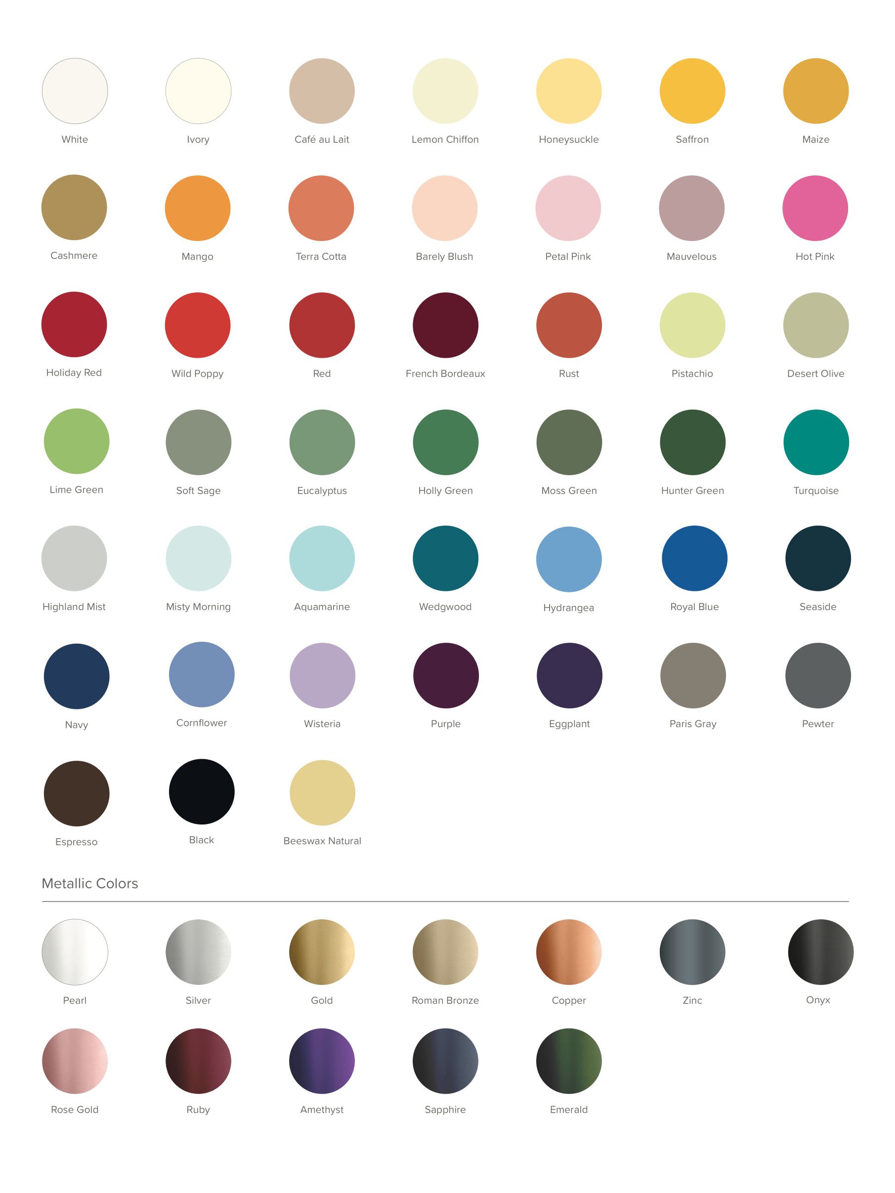Color palette chart displaying various shades of colors, including neutrals, pastels, vibrant colors, and metallics, each labeled with specific color names.