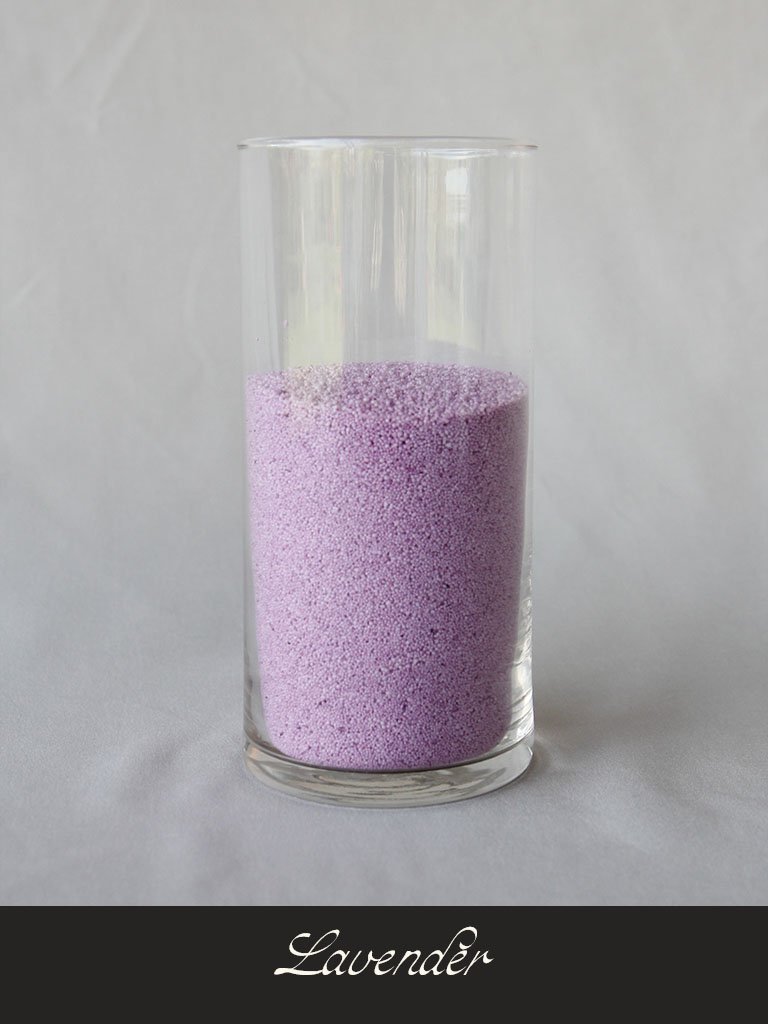A clear glass filled with small purple lavender-colored granules, labeled 'Lavender' at the bottom.
