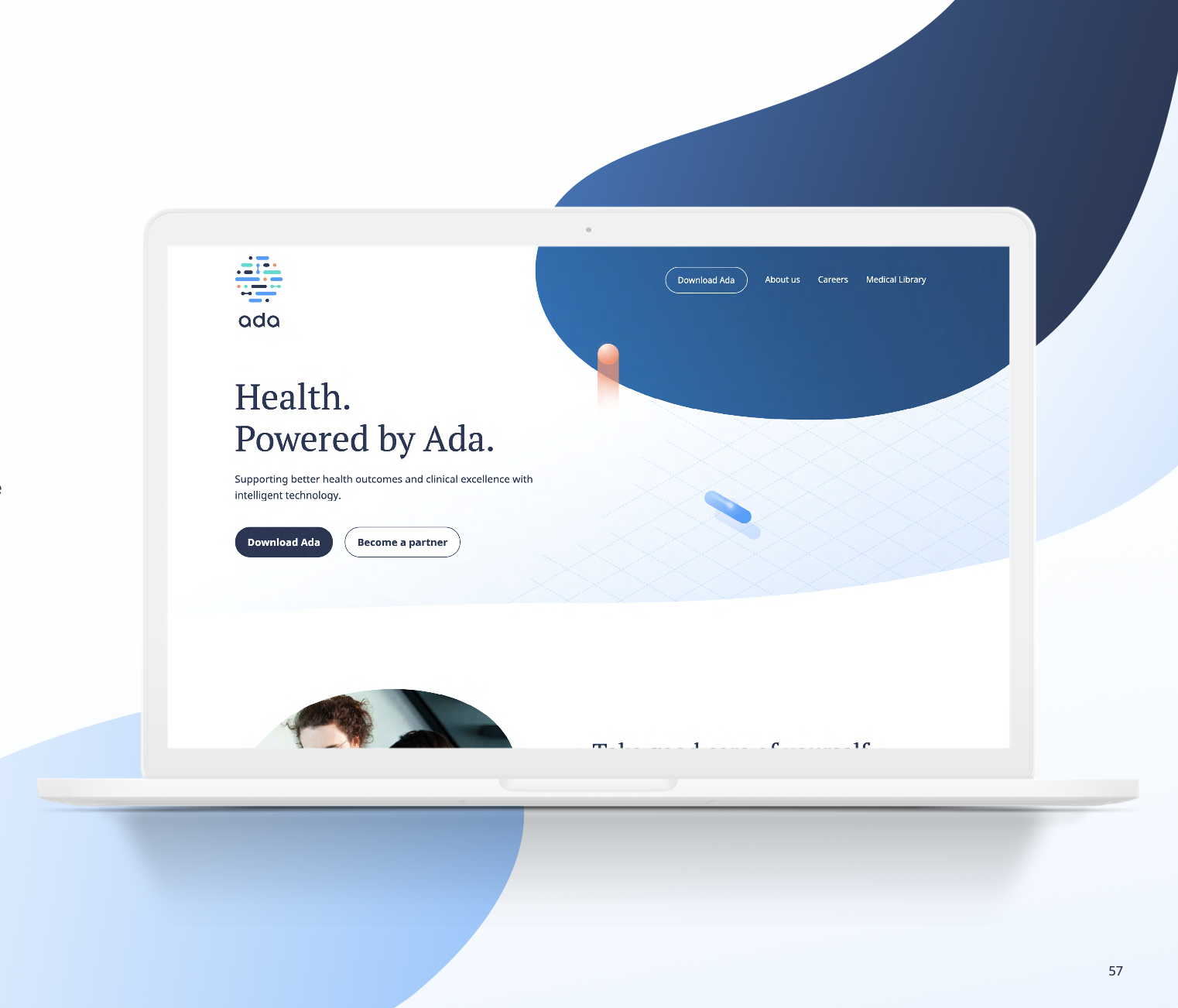 Laptop displaying a website for Ada, a health technology company, with the text 'Health. Powered by Ada.' and buttons to 'Download Ada' and 'Become a partner' on a clean, modern background with abstract blue shapes.