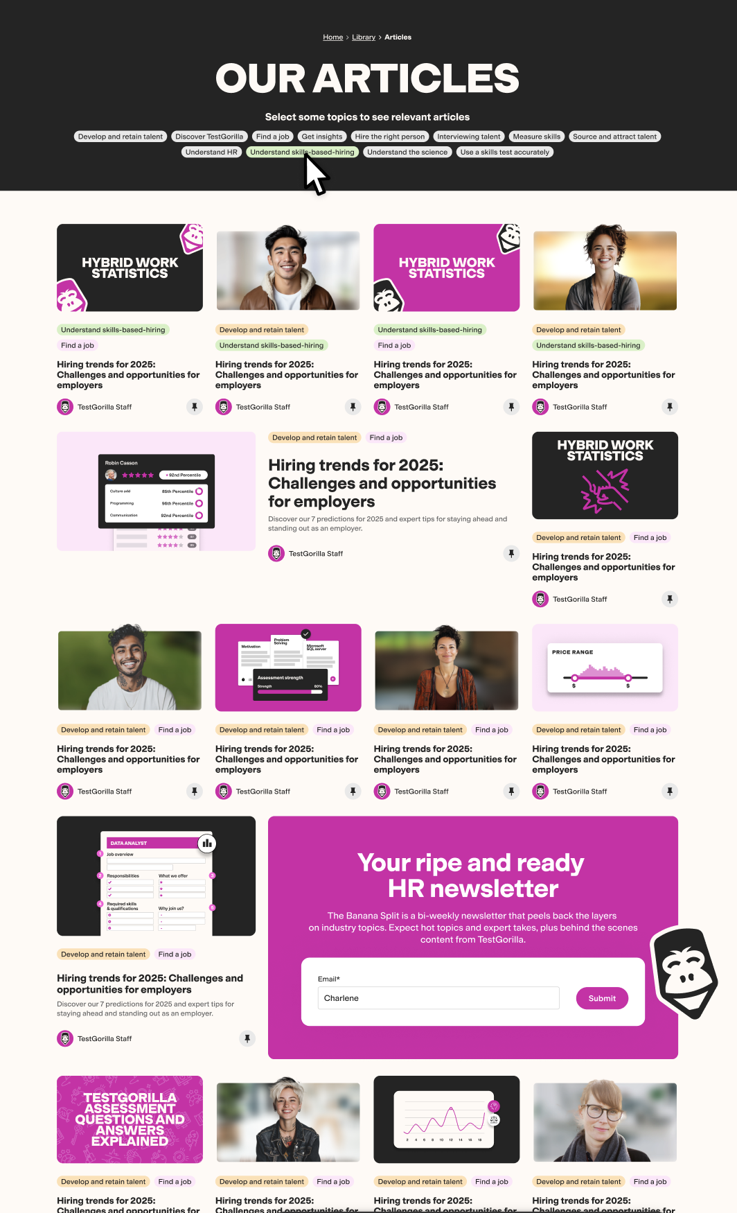 A webpage titled 'Our Articles' featuring various articles and resources related to hiring trends, HR tips, and industry insights, with images of diverse people, charts, and newsletter sign-up section.