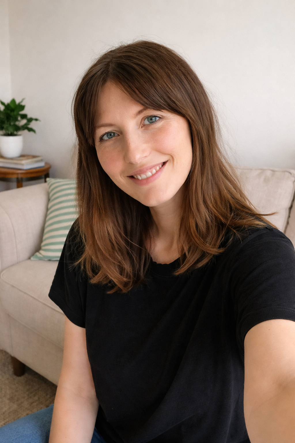 A woman with shoulder-length brown hair, blue eyes, and a black shirt, smiling while taking a selfie in a living room with a light-colored couch, striped pillow, potted plant, and a small table with books in the background.