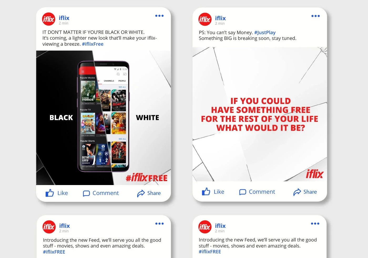 A collage of four social media posts from iflix promoting their streaming service with images of a smartphone showing movie thumbnails and text emphasizing free content and service features.