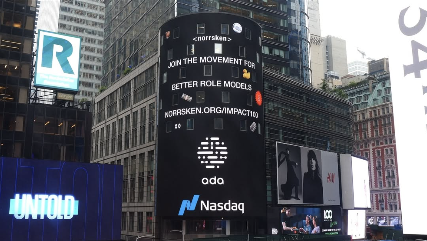 Digital billboard in Times Square displaying advertisements including the Nasdaq logo, H M, and other promotional content, with surrounding tall buildings.