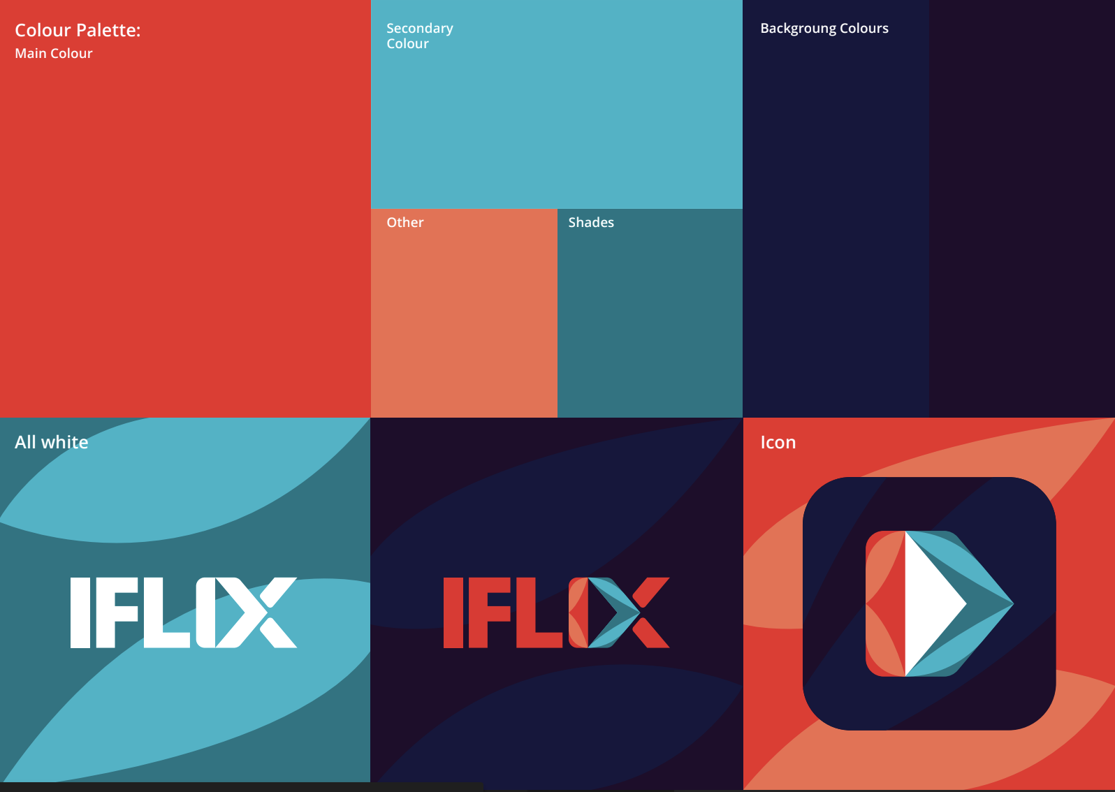 A graphic displaying a color palette with sections labeled 'Main Colour,' 'Secondary Colour,' 'Background Colours,' 'Other,' and 'Shades.' There is a logo in the lower left corner with the word 'IFLIX' and a colorful play button icon.