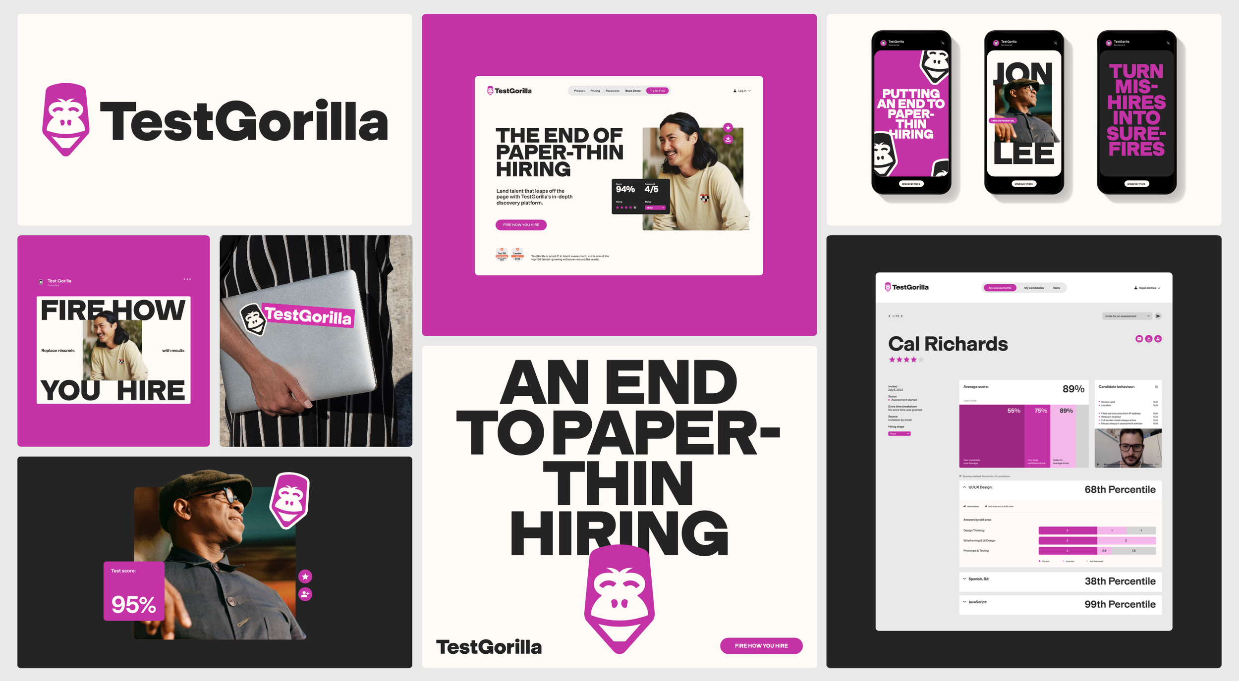 Collage of digital marketing and assessment screens for TestGorilla, featuring branding with a gorilla logo, colorful interfaces, photos of people, and slogans about hiring and assessments.