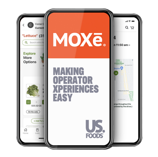 This is an image of three mobile phones. The phone in the front reads, "MOXe, Making Operator Xperiences Easy." The back two phones show a search page and an order page.