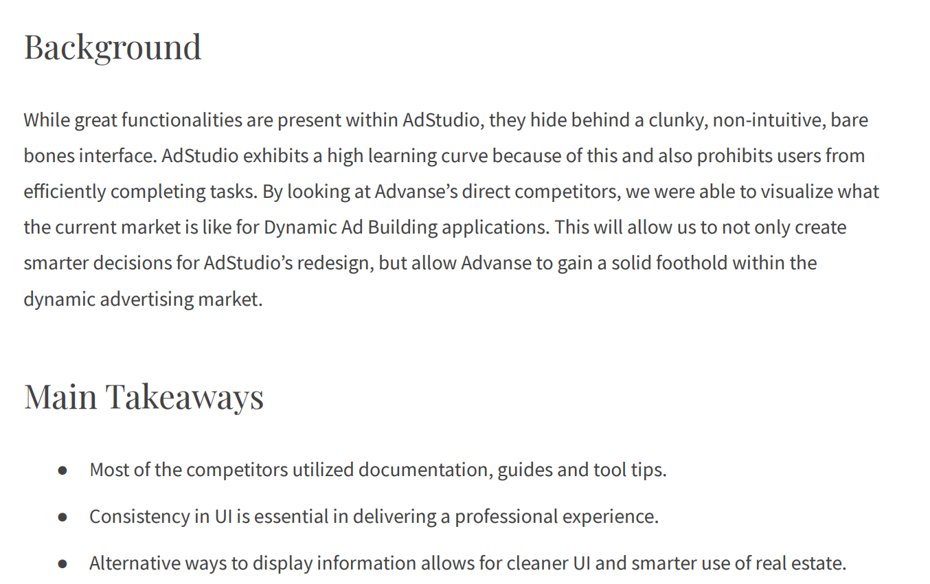 This is a screenshot of AdStudio's comparative analysis. It goes over the background of why we chose to move forward with a comparative analysis, and displays the main takeaways right underneath.