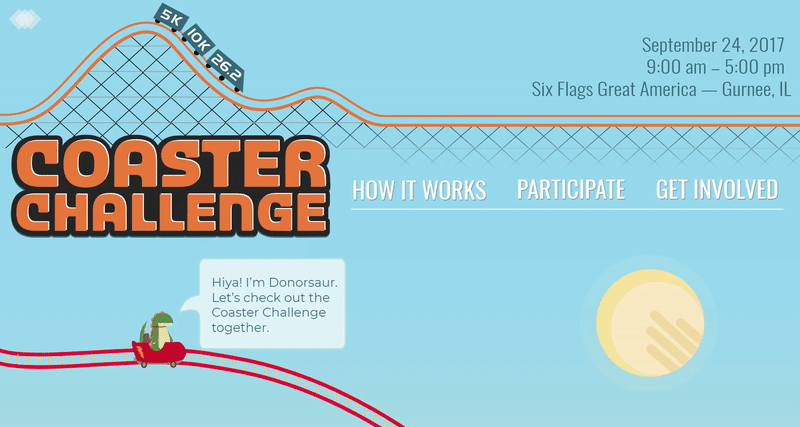 This is a gif of the Coaster Challenge website. A little dinosaur sits at the top of a roller coaster, waiting for the user to scroll down the page to reveal more detail. Clouds animate past the dinosaur.
