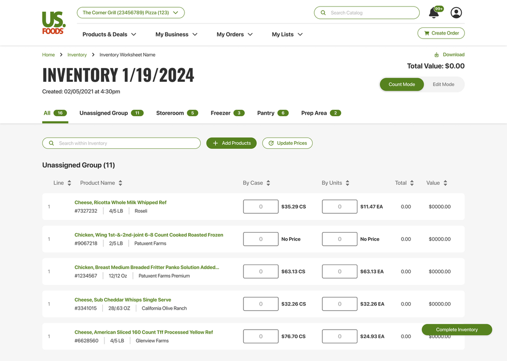 This is a screenshot of MOXe's Inventory on Desktop. The Inventory name is titled, "Inventory, 1/19/2024," and has multiple groups representing different parts of the kitchen. In each group there are products added.